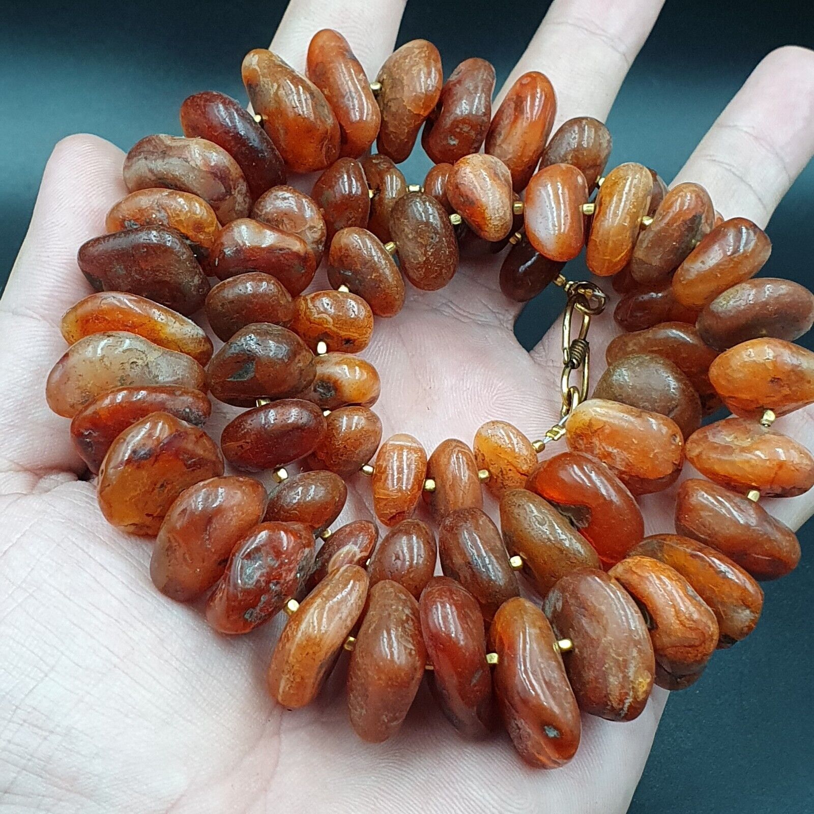 Old Antique Indo Tibetan Carnelian Disc Agate Beads Raw Shape Necklace 227 grams