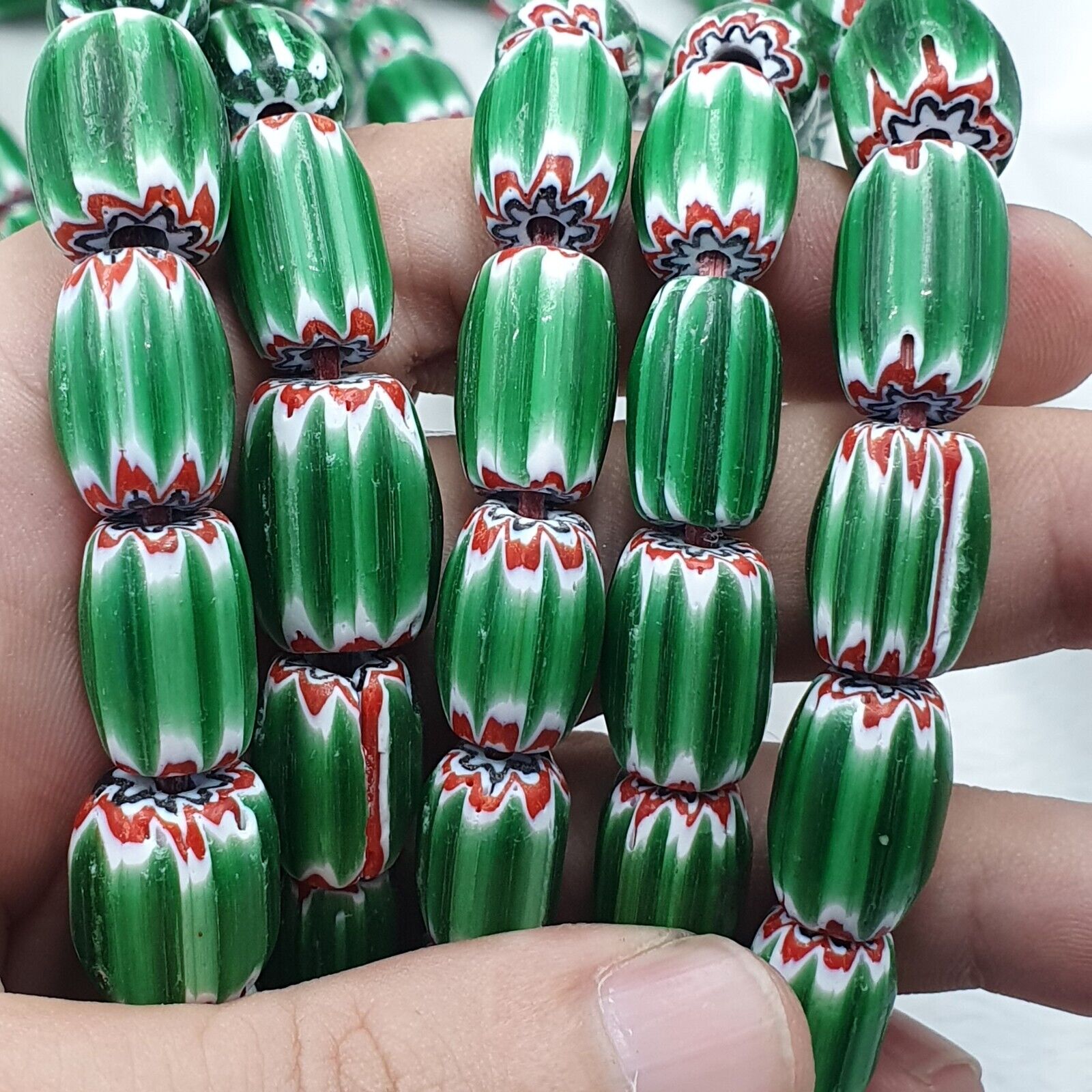 Vintage Venetian African Style Glass Green Chevron 9mm Beads Long Strand