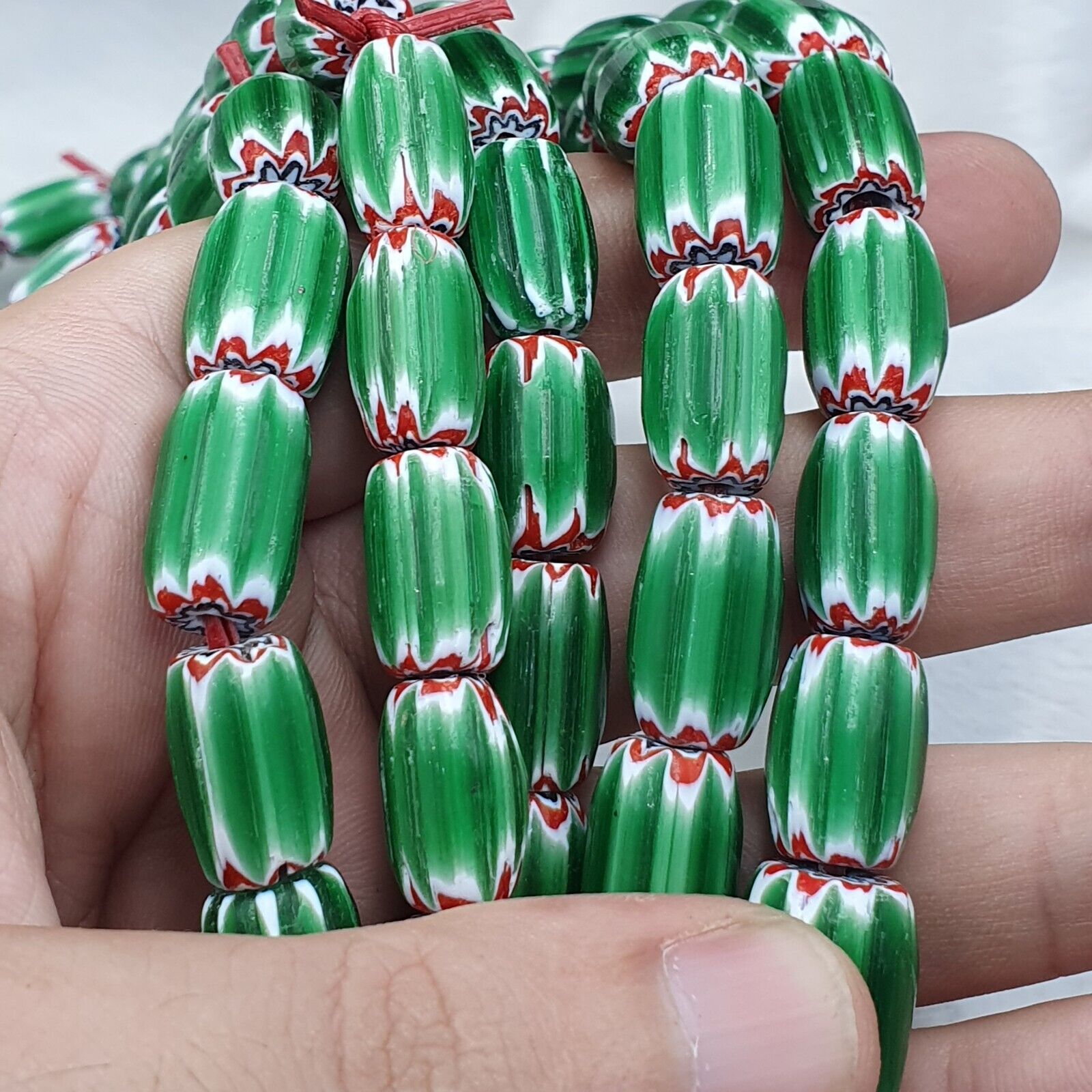 Vintage Venetian African Style Glass Green Chevron 9mm Beads Long Strand