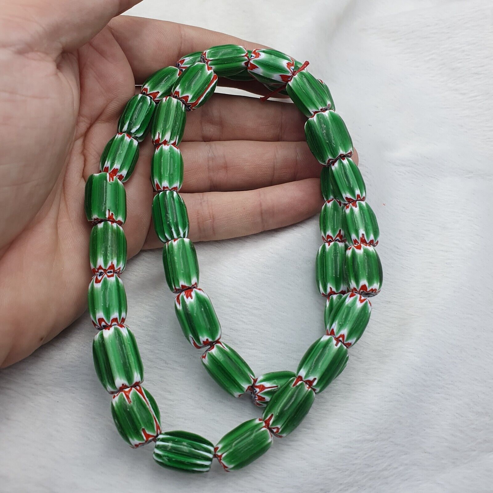 Vintage Venetian African Style Glass Green Chevron 9mm Beads Long Strand