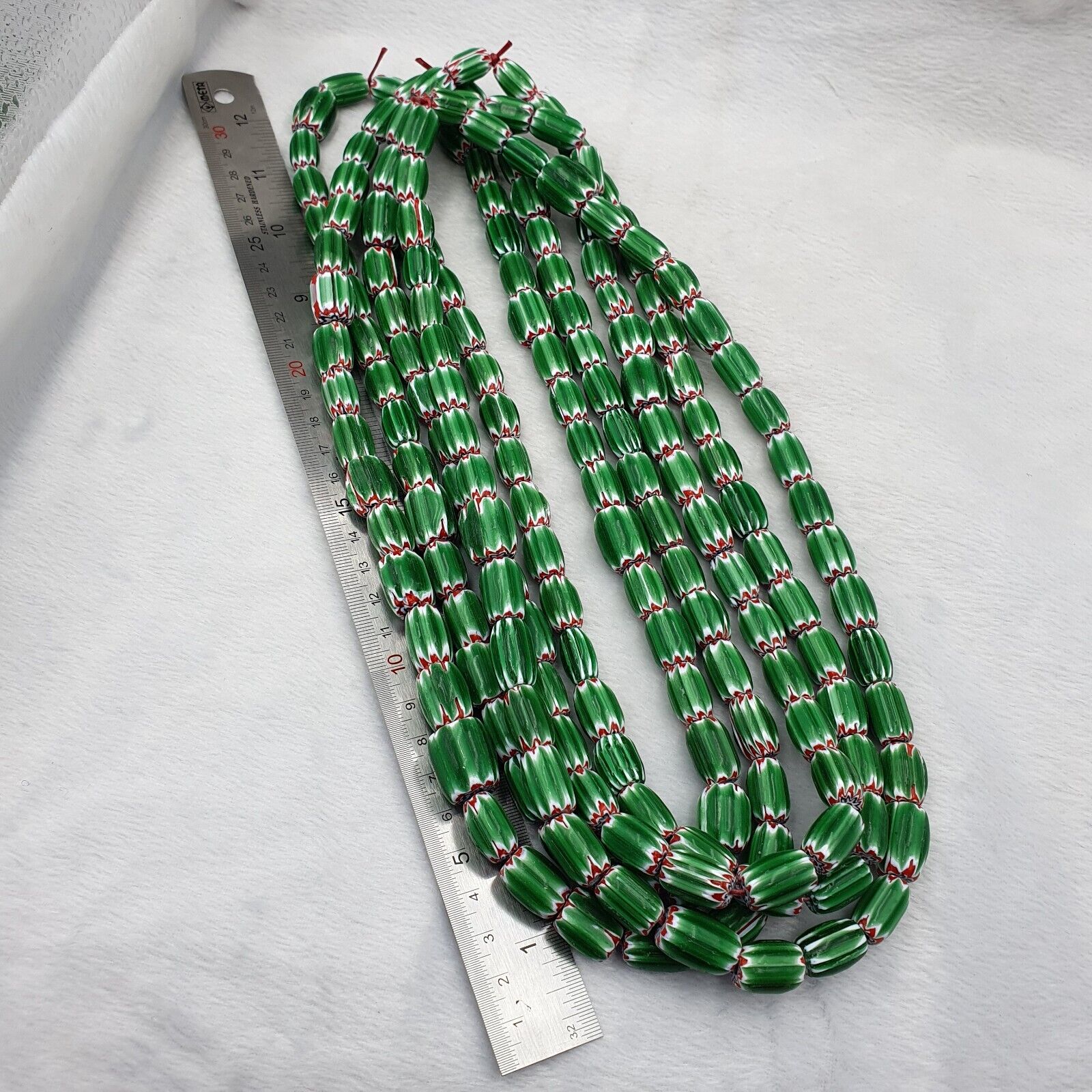 Vintage Venetian African Style Glass Green Chevron 9mm Beads Long Strand