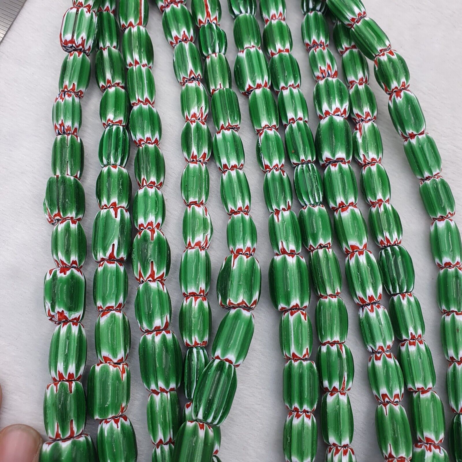 Vintage Venetian African Style Glass Green Chevron 9mm Beads Long Strand