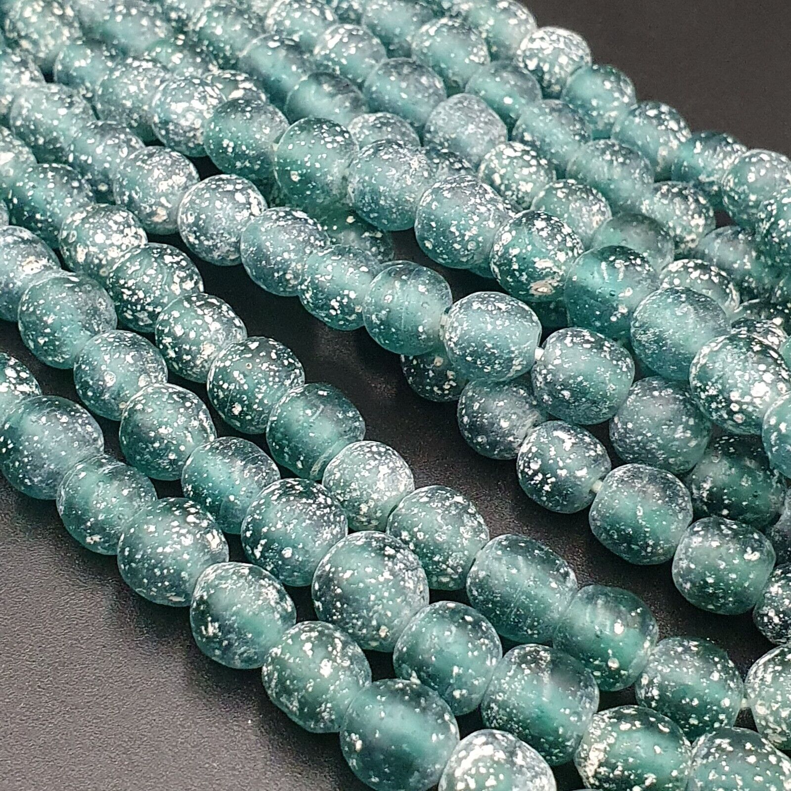 OLD Antique African Style Greenish Blue GLASS Vintage BEADs 24" Strand 9-9.5mm