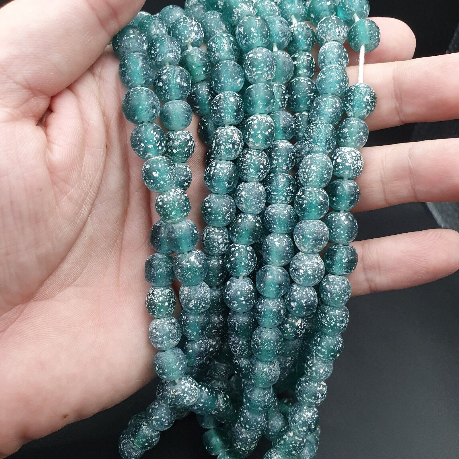 OLD Antique African Style Greenish Blue GLASS Vintage BEADs 24" Strand 9-9.5mm