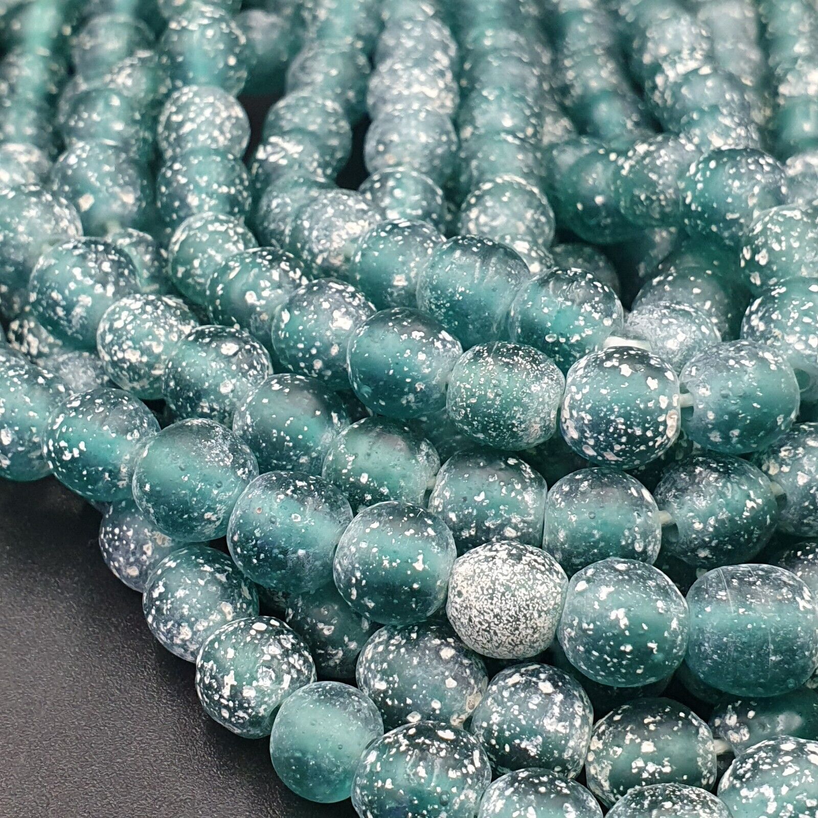OLD Antique African Style Greenish Blue GLASS Vintage BEADs 24" Strand 9-9.5mm