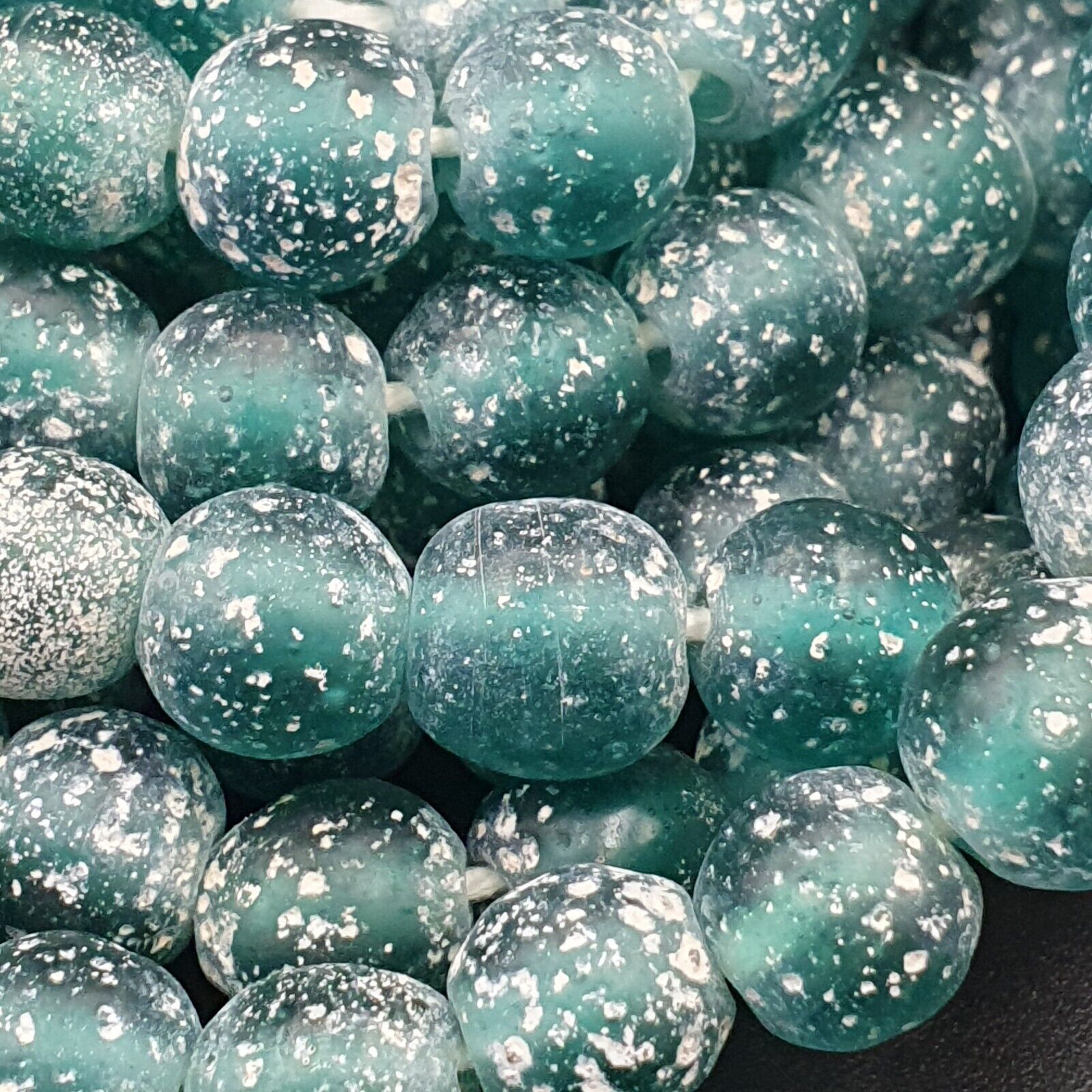 OLD Antique African Style Greenish Blue GLASS Vintage BEADs 24" Strand 9-9.5mm