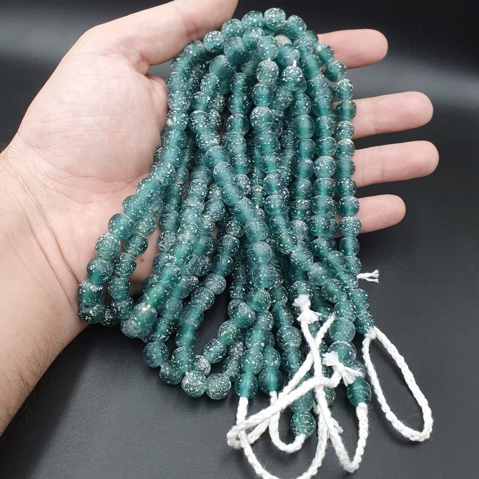 OLD Antique African Style Greenish Blue GLASS Vintage BEADs 24" Strand 9-9.5mm