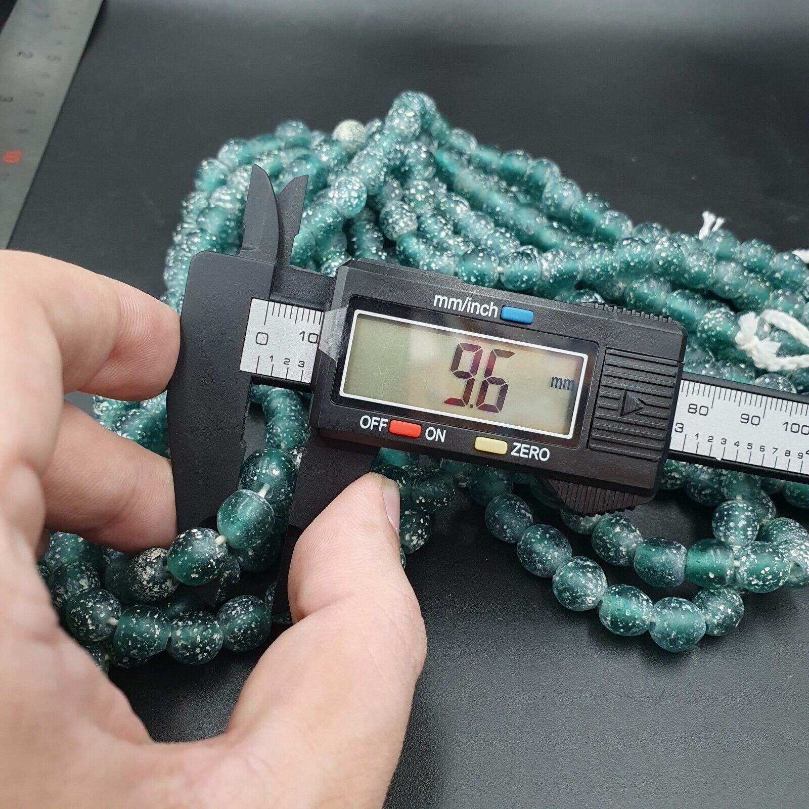 OLD Antique African Style Greenish Blue GLASS Vintage BEADs 24" Strand 9-9.5mm