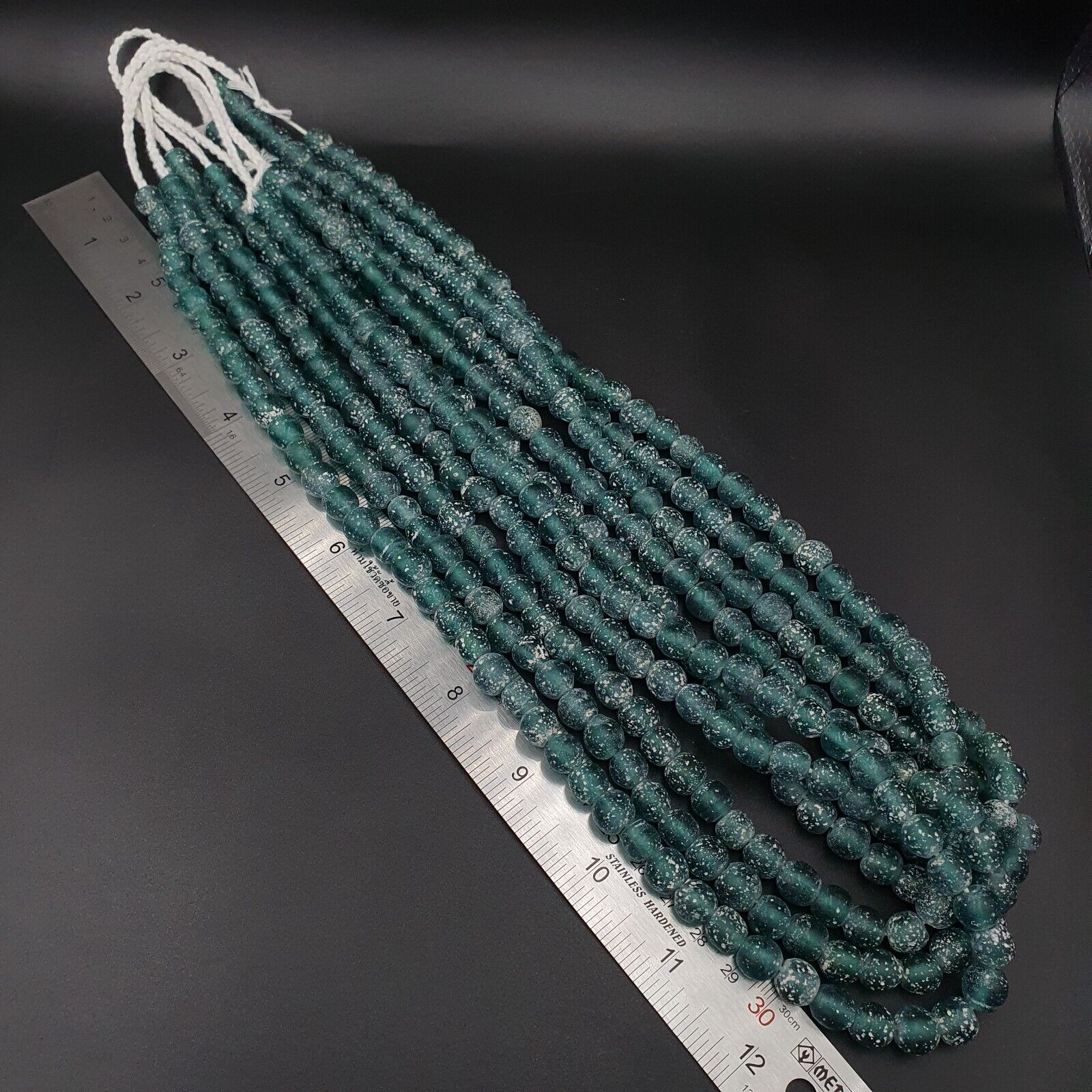 OLD Antique African Style Greenish Blue GLASS Vintage BEADs 24" Strand 9-9.5mm