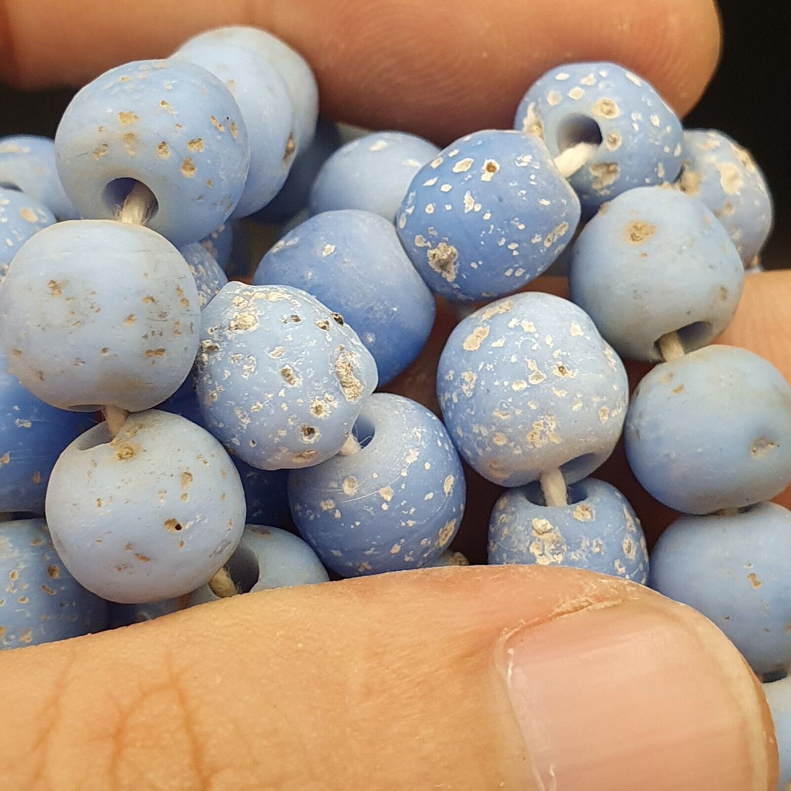 OLD Antique African Style Purple Blue GLASS Vintage BEADs 24" Strand 9-10mm