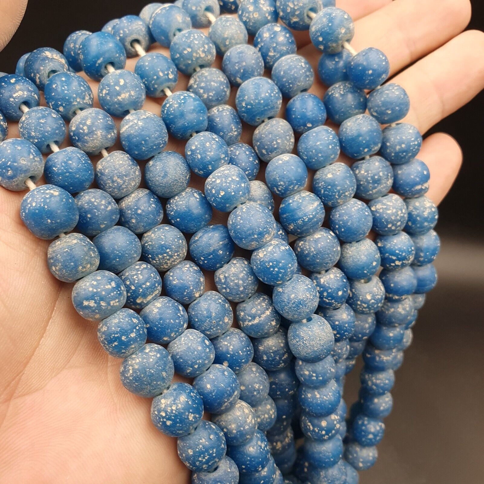 RARE and BEAUTIFUL OLD AFRICAN  Blue GLASS TRADE ANTIQUE BEADs Strand 10-11MM