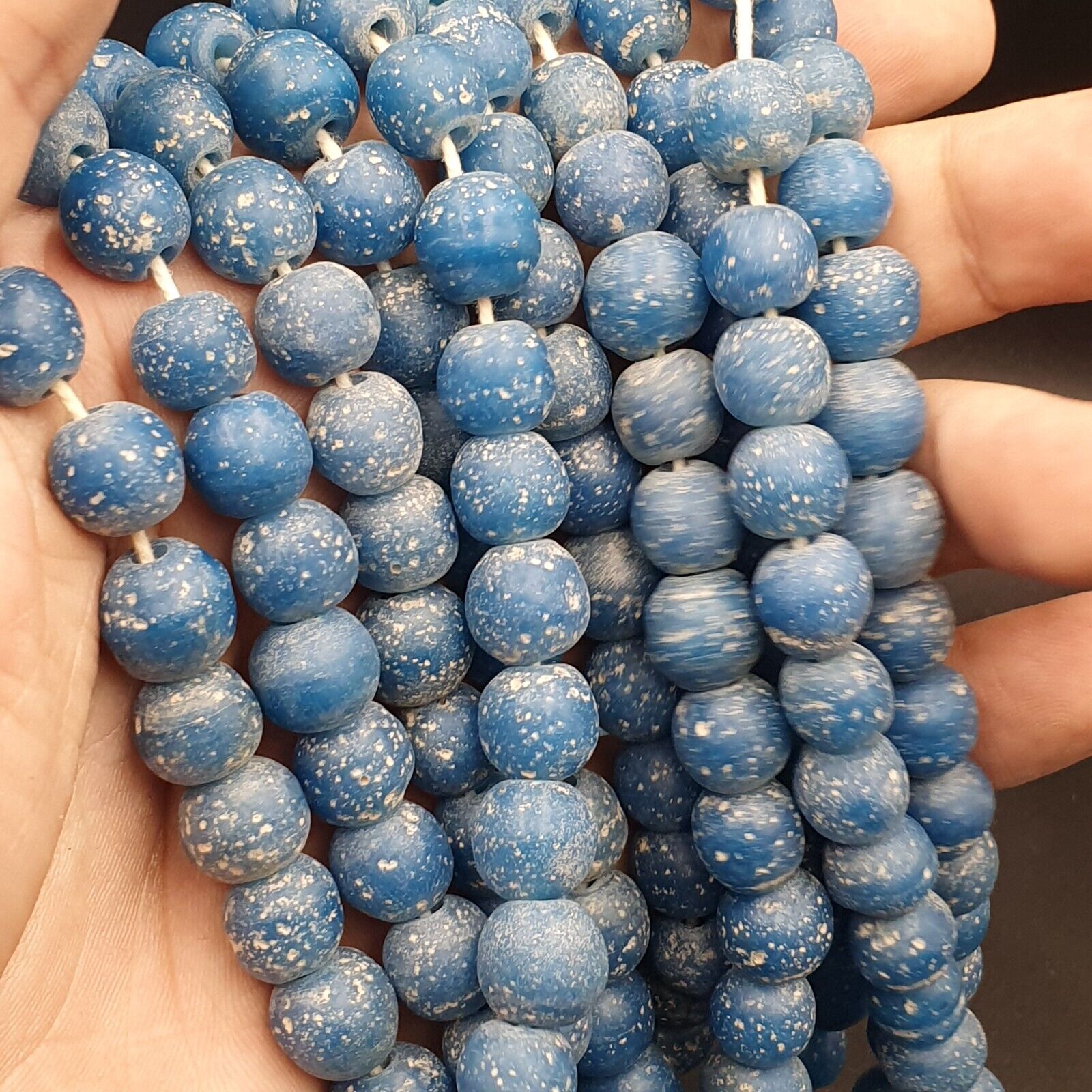 RARE and BEAUTIFUL OLD AFRICAN  Blue GLASS TRADE ANTIQUE BEADs Strand 10-11MM