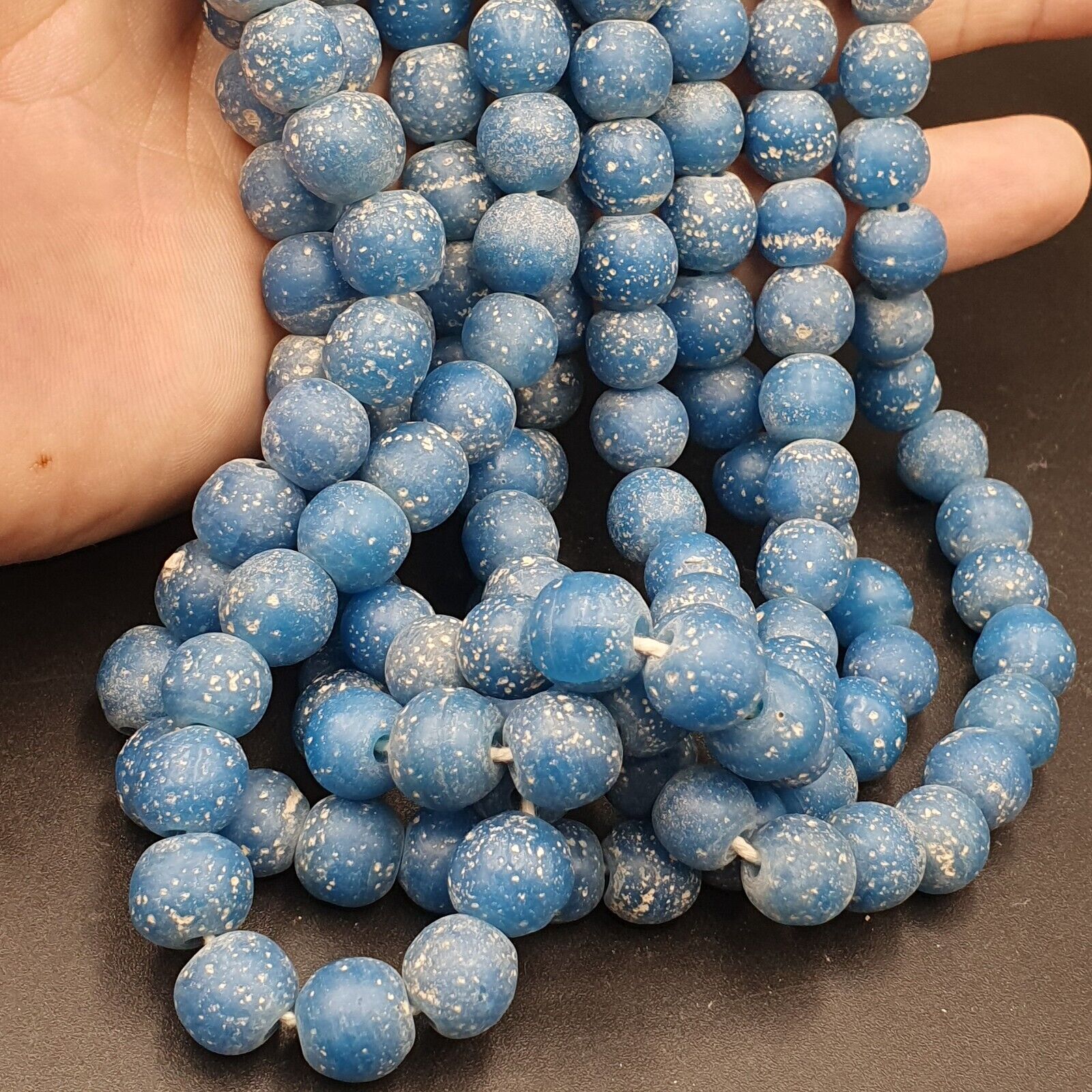 RARE and BEAUTIFUL OLD AFRICAN  Blue GLASS TRADE ANTIQUE BEADs Strand 10-11MM