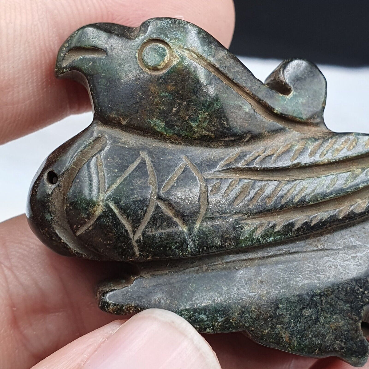 Antique Stone green Jade mystic Bird carving stone Pendent Amulet  JD-15