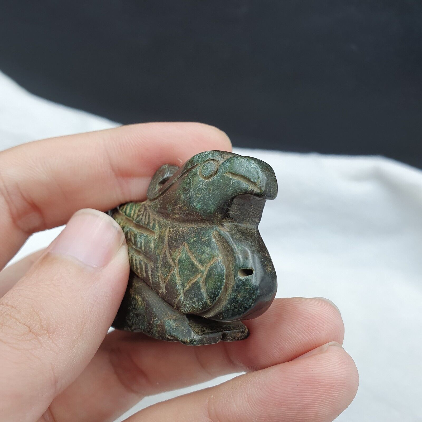 Antique Stone green Jade mystic Bird carving stone Pendent Amulet  JD-15