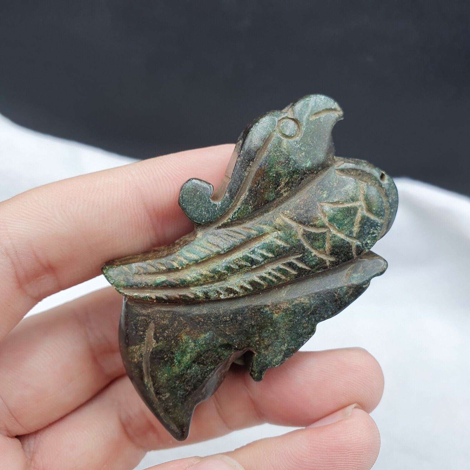 Antique Stone green Jade mystic Bird carving stone Pendent Amulet  JD-15