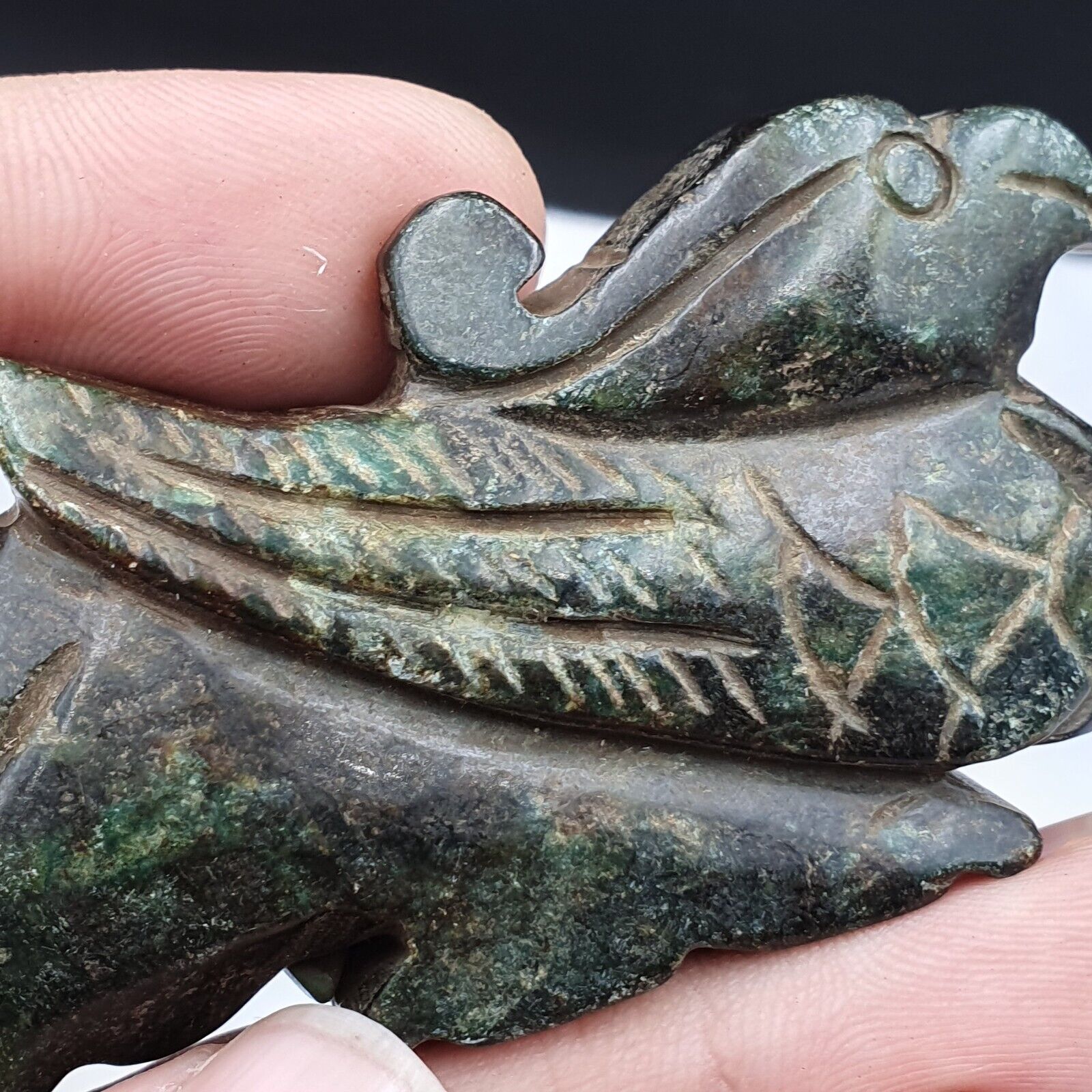 Antique Stone green Jade mystic Bird carving stone Pendent Amulet  JD-15