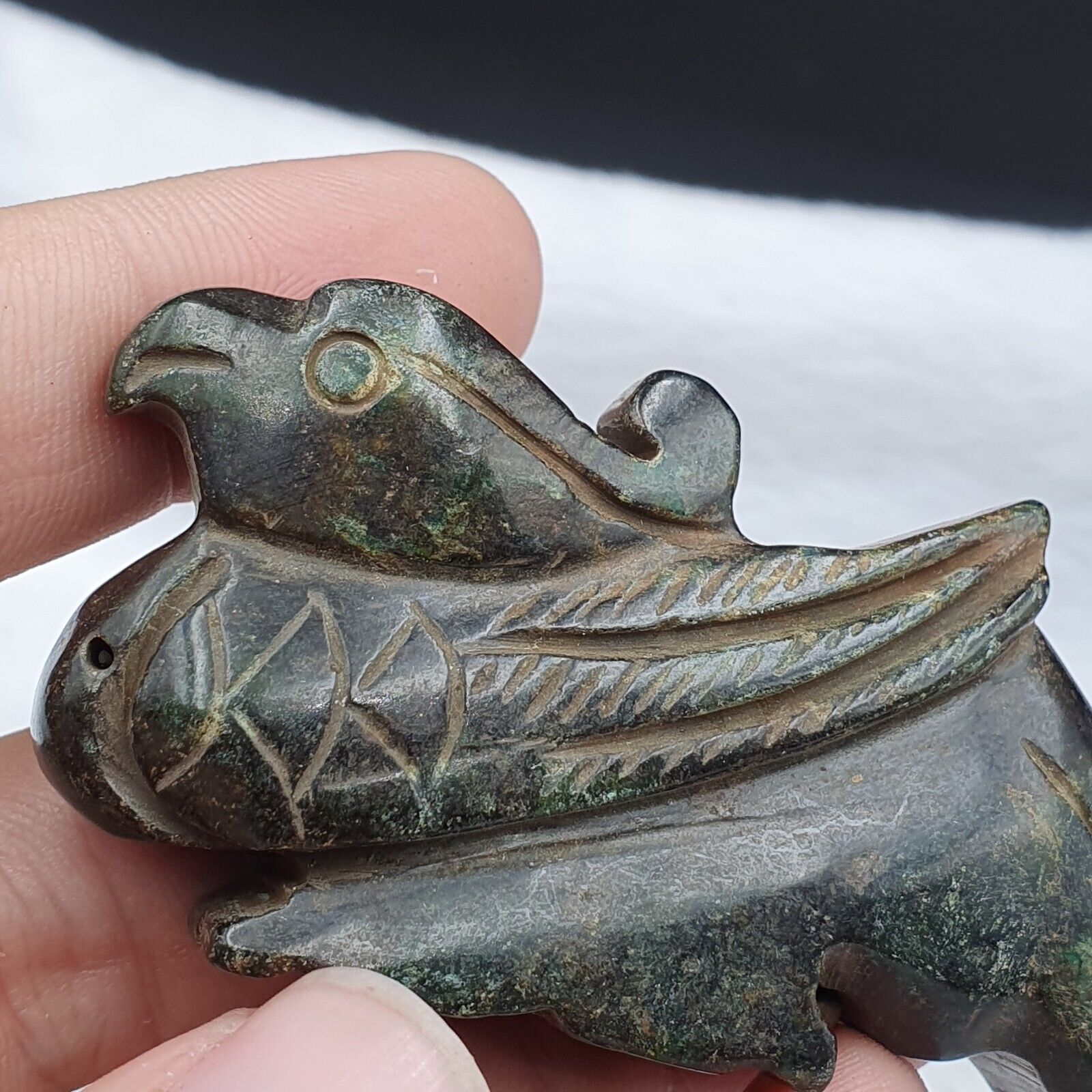 Antique Stone green Jade mystic Bird carving stone Pendent Amulet  JD-15