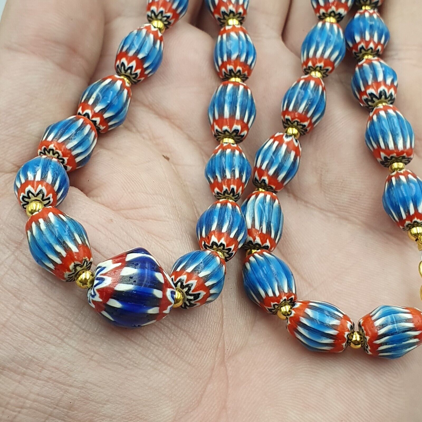 Antique Venetian inspired Blue Chevron Beads Long Strand necklace 24inch