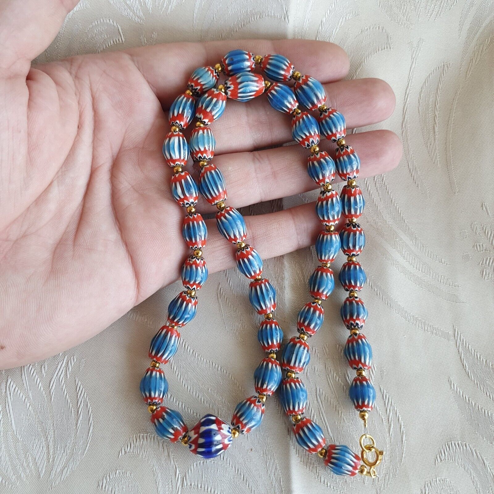 Antique Venetian inspired Blue Chevron Beads Long Strand necklace 24inch