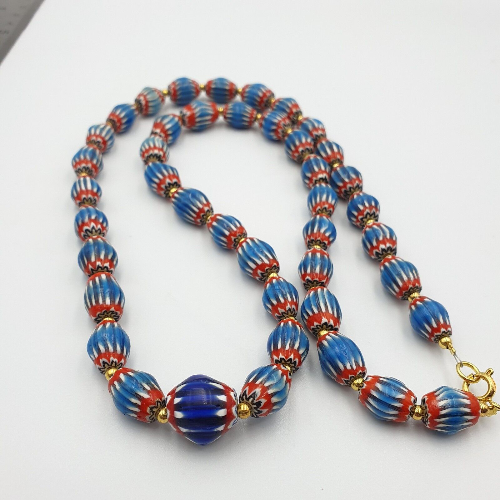 Antique Venetian inspired Blue Chevron Beads Long Strand necklace 24inch
