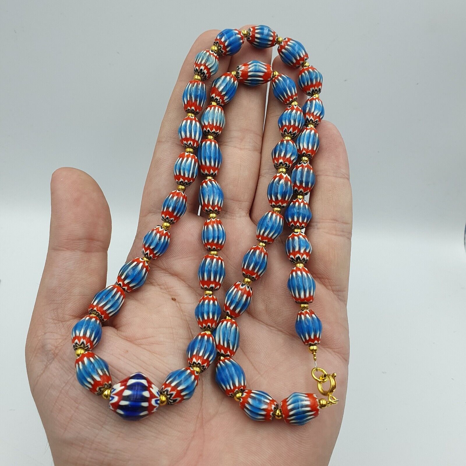 Antique Venetian inspired Blue Chevron Beads Long Strand necklace 24inch