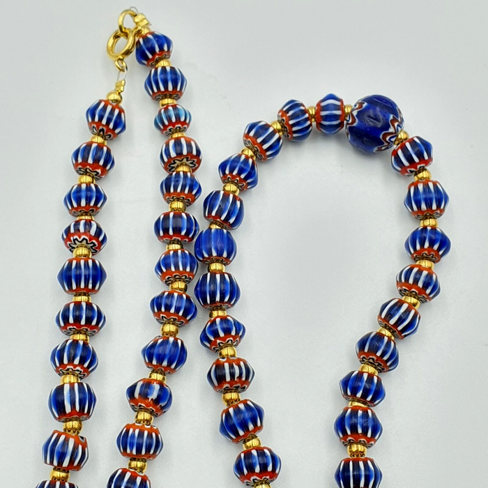 Antique Venetian Inspired Blue Chevron Beads Long Strand Necklace 24inch