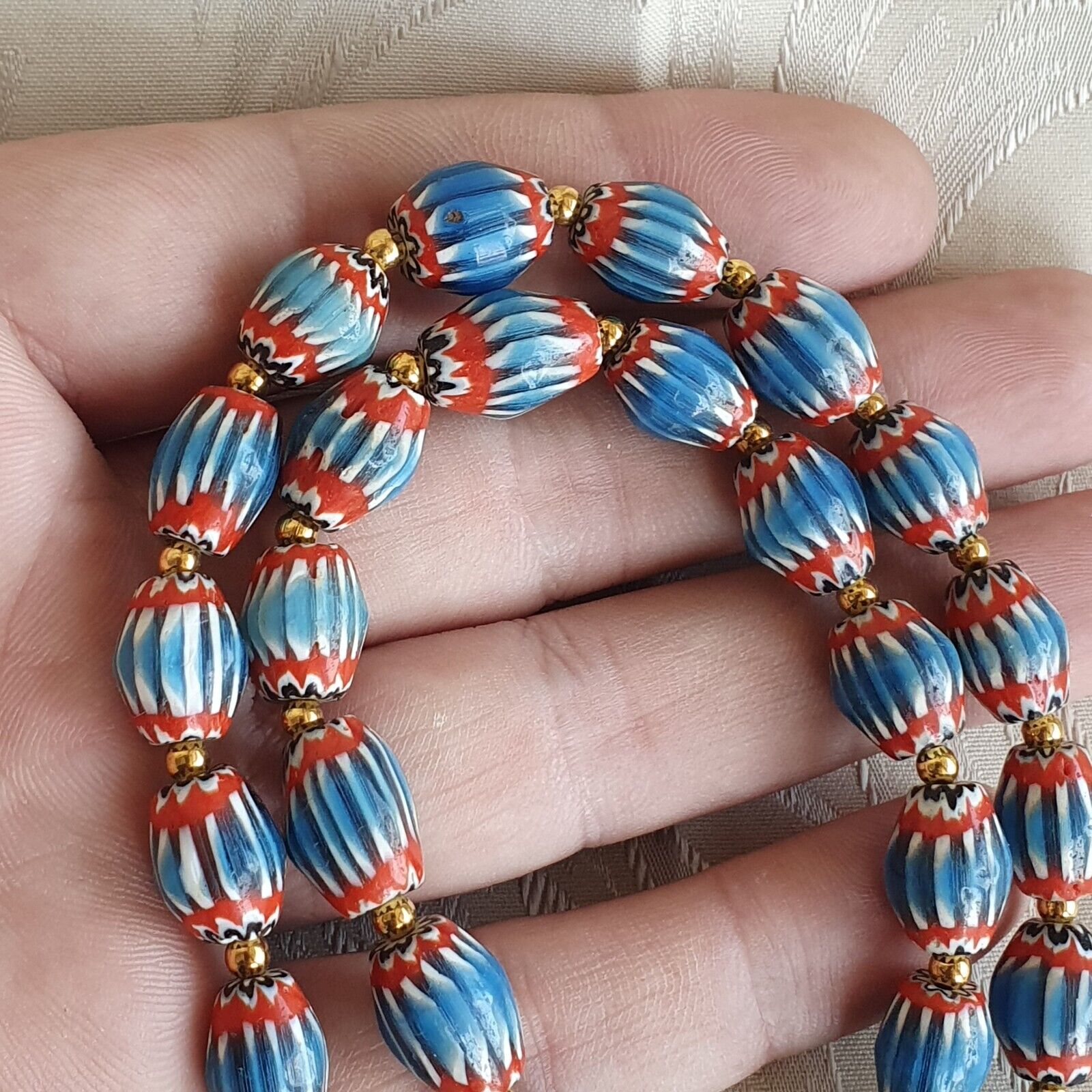 Antique Venetian inspired Blue Chevron Beads Long Strand necklace 24inch
