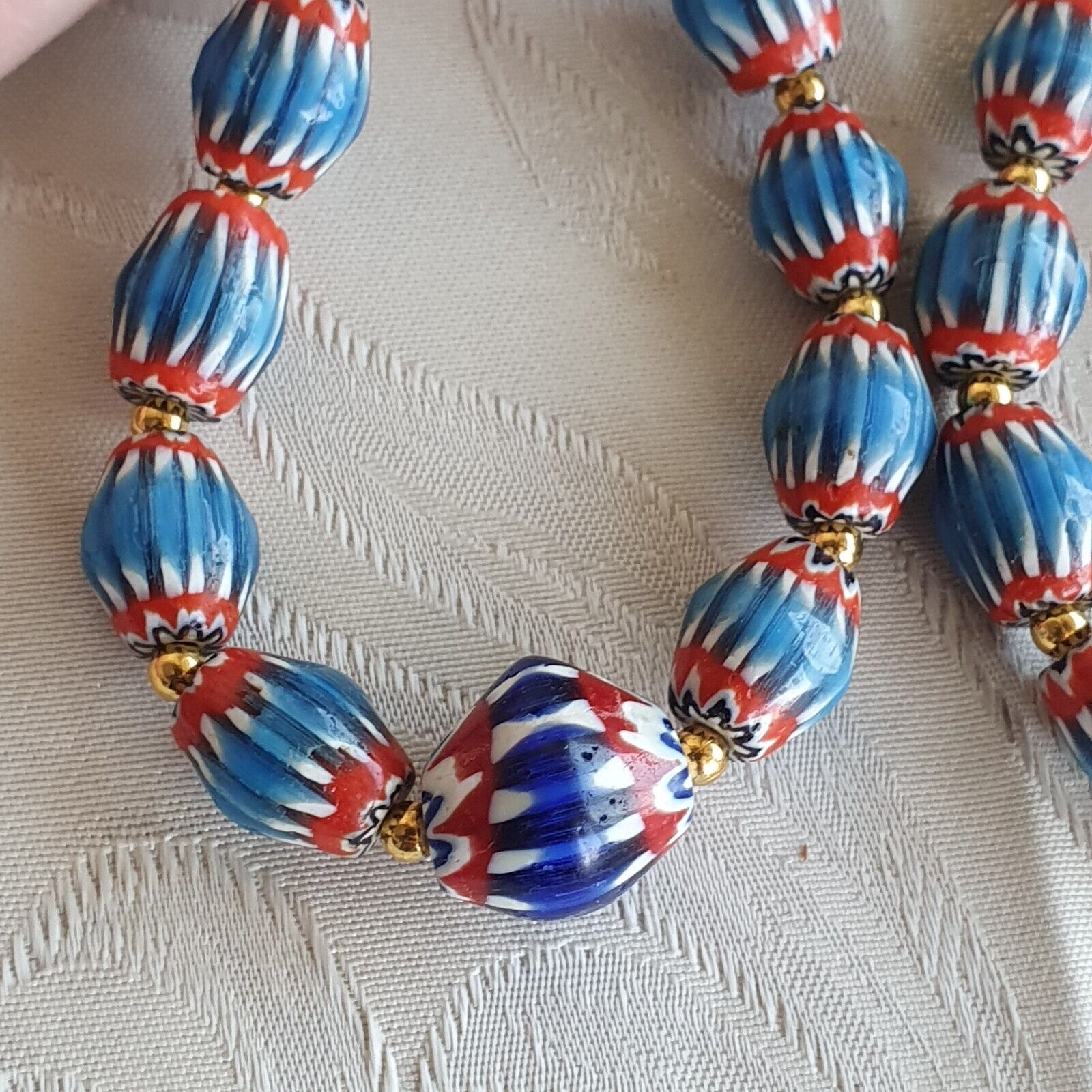 Antique Venetian inspired Blue Chevron Beads Long Strand necklace 24inch