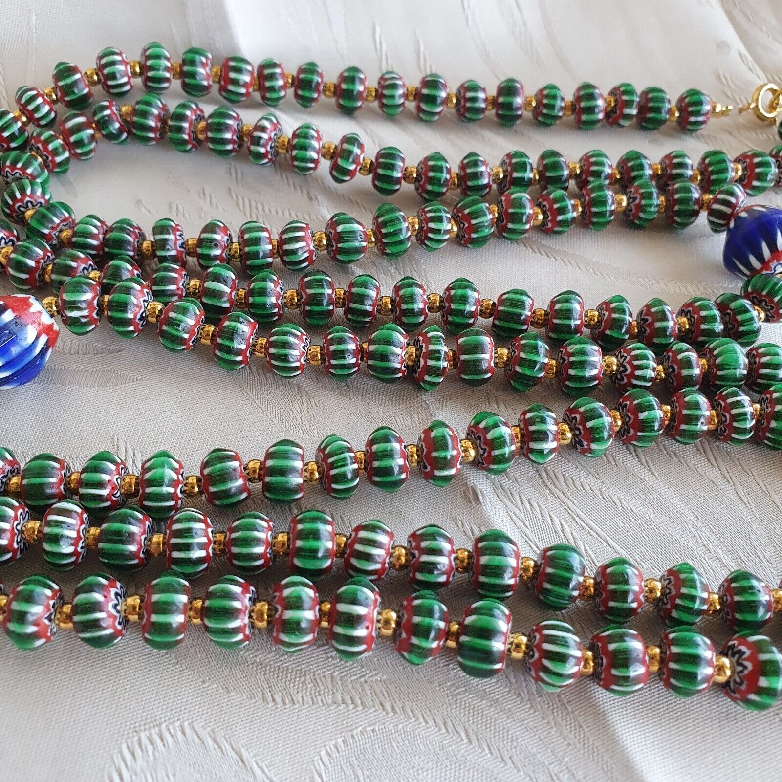 Antique Venetian inspired Green Chevron Beads Long Strand necklace 24inch