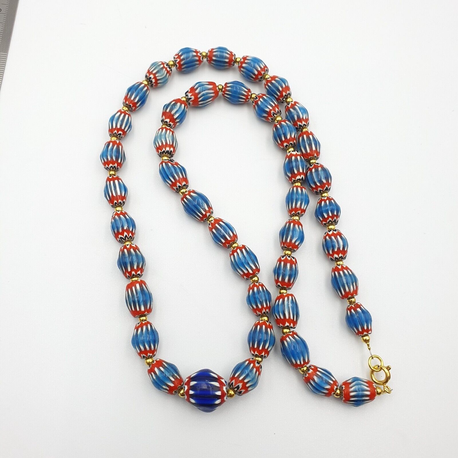 Antique Venetian inspired Blue Chevron Beads Long Strand necklace 24inch