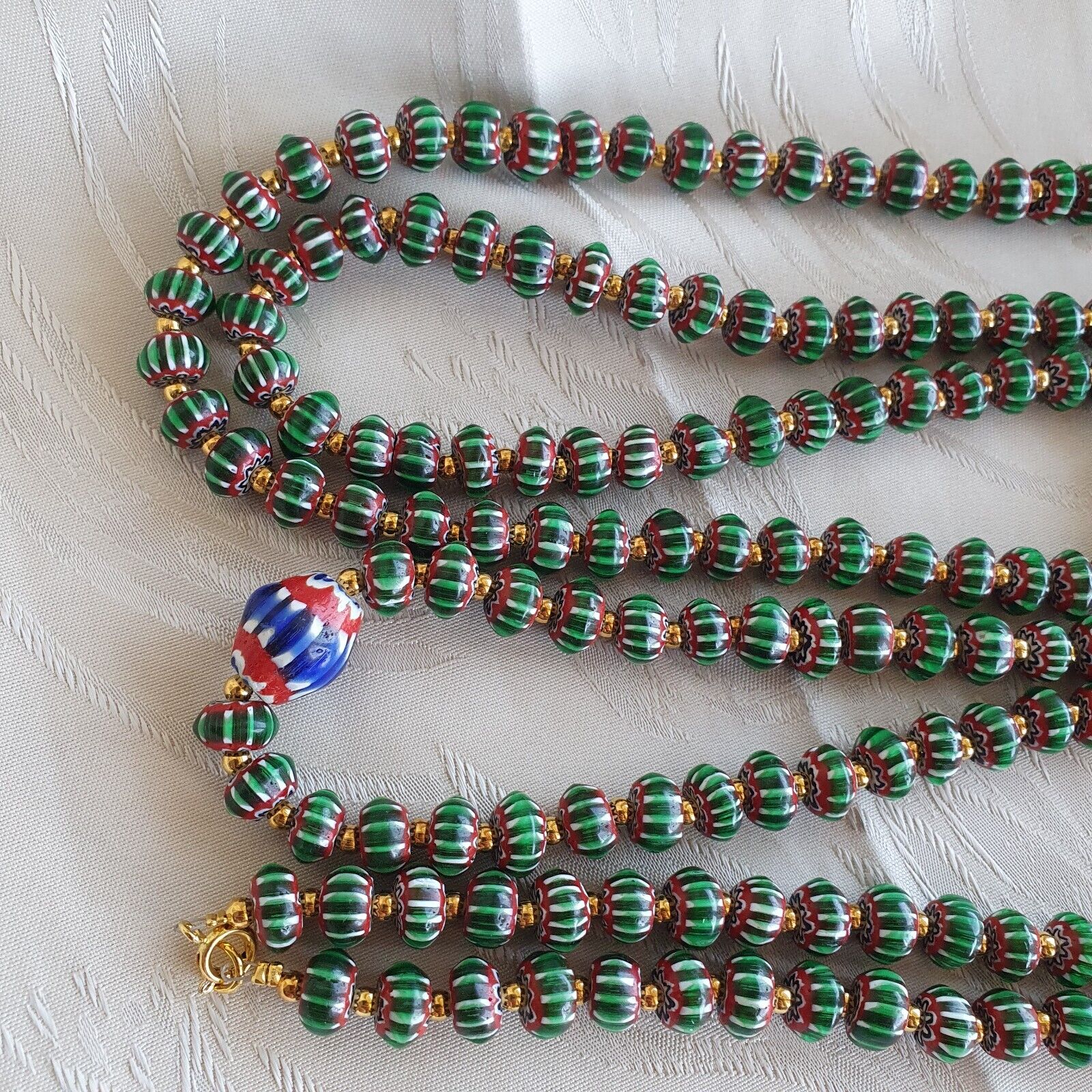 Antique Venetian inspired Green Chevron Beads Long Strand necklace 24inch