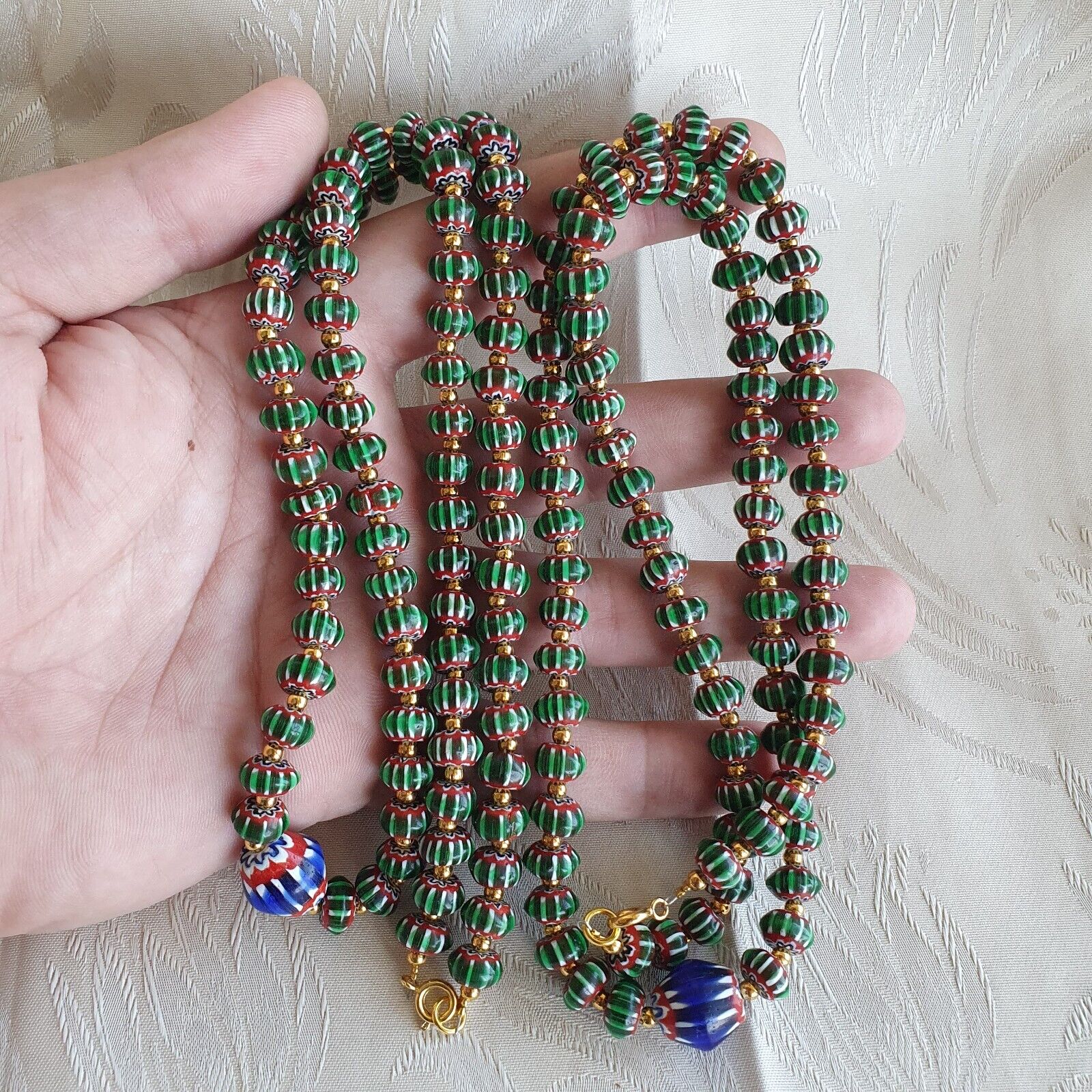 Antique Venetian inspired Green Chevron Beads Long Strand necklace 24inch