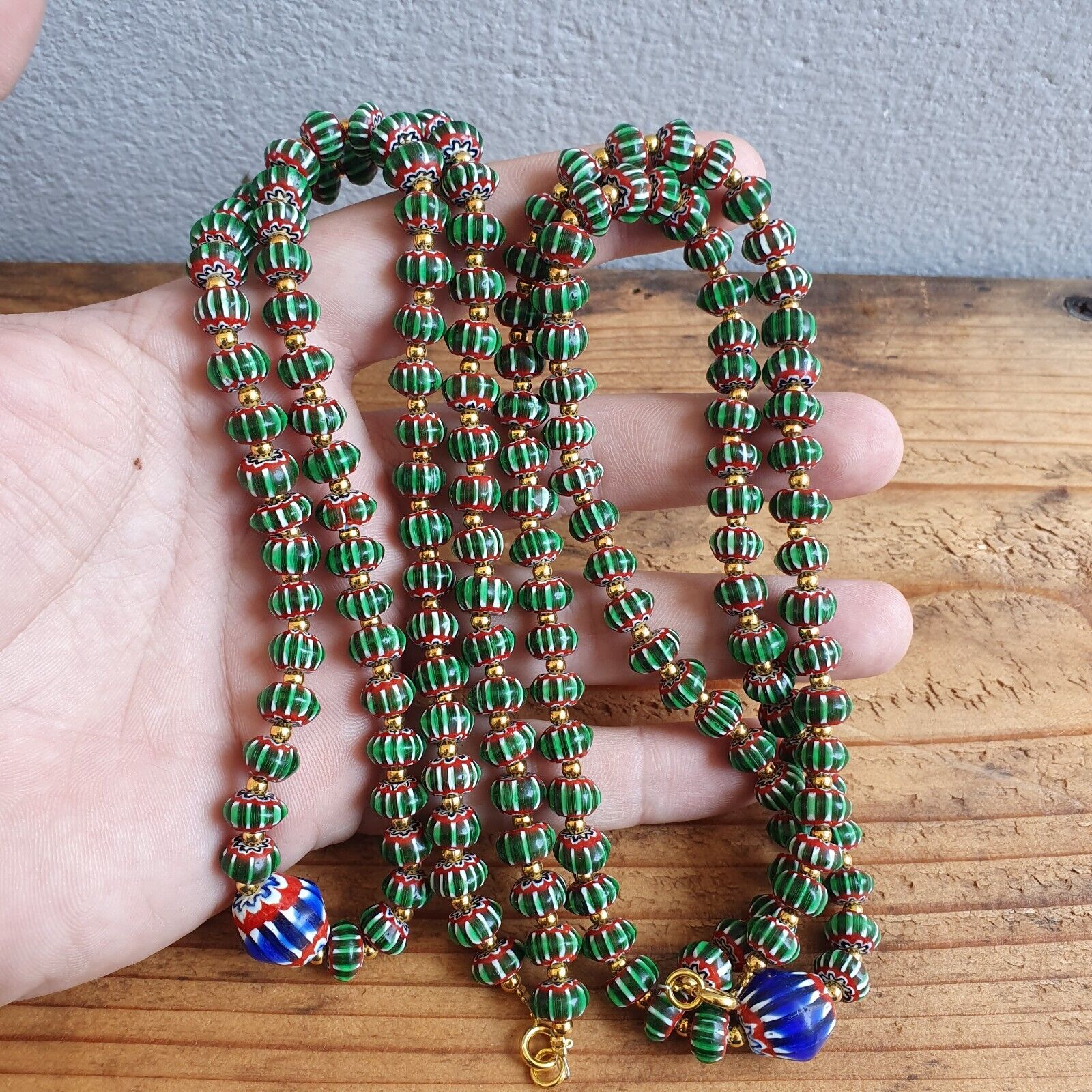 Antique Venetian inspired Green Chevron Beads Long Strand necklace 24inch