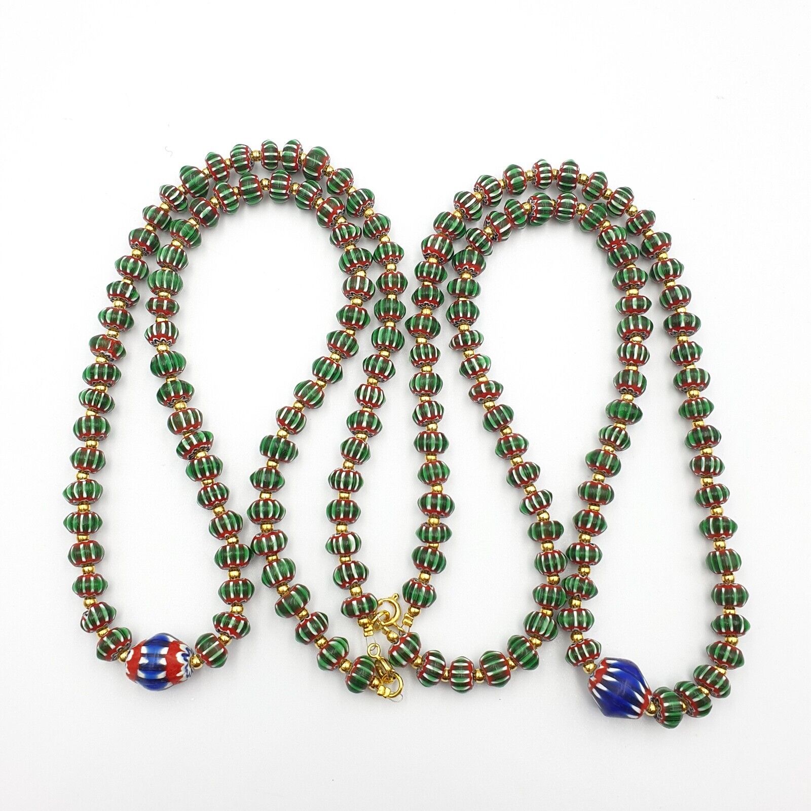 Antique Venetian inspired Green Chevron Beads Long Strand necklace 24inch