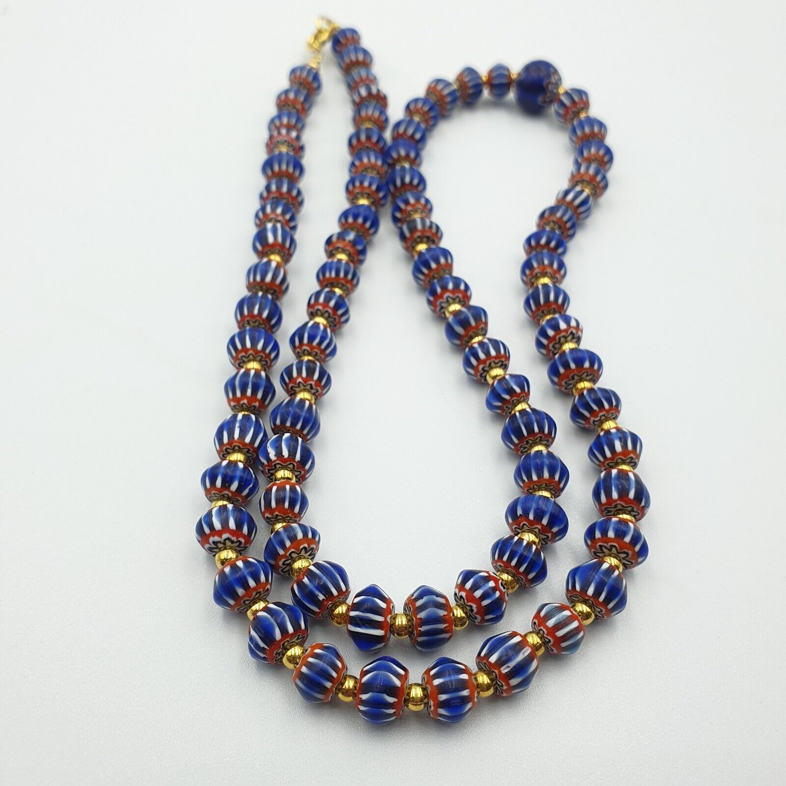 Antique Venetian inspired Blue Chevron Beads Long Strand necklace 24inch
