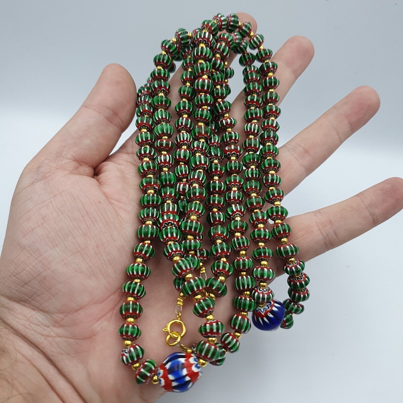 Antique Venetian inspired Green Chevron Beads Long Strand necklace 24inch