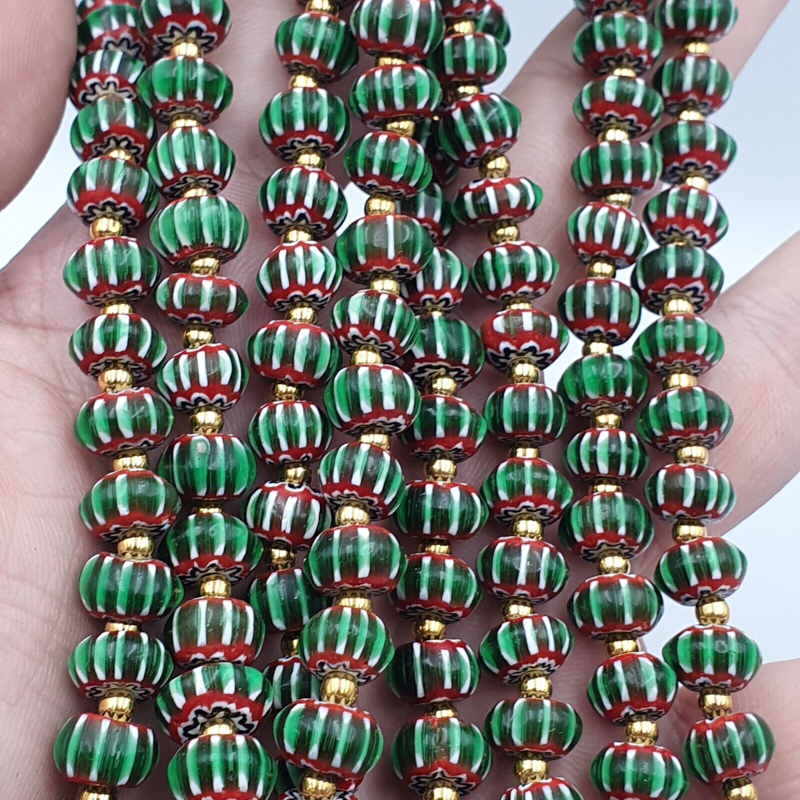 Antique Venetian inspired Green Chevron Beads Long Strand necklace 24inch