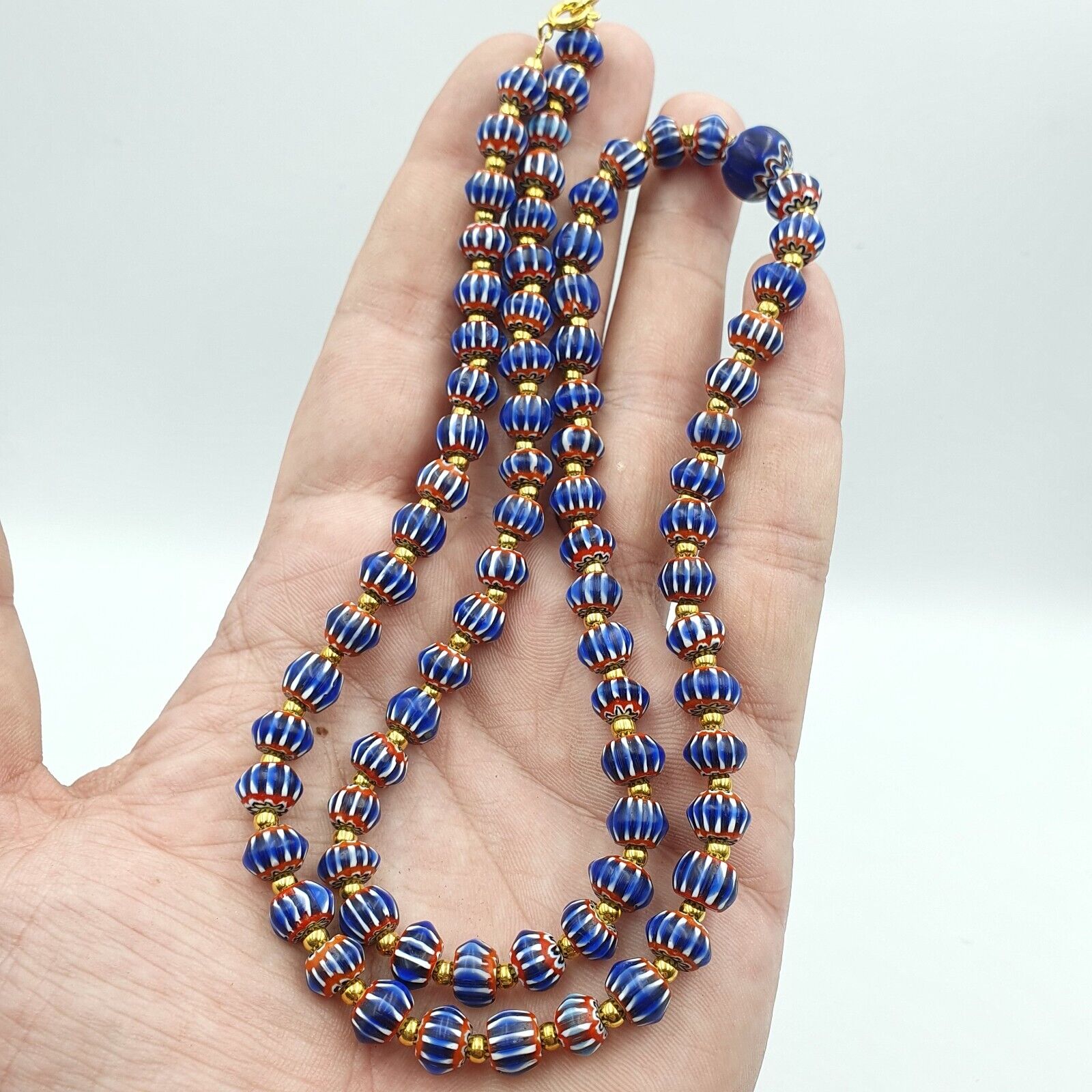 Antique Venetian inspired Blue Chevron Beads Long Strand necklace 24inch