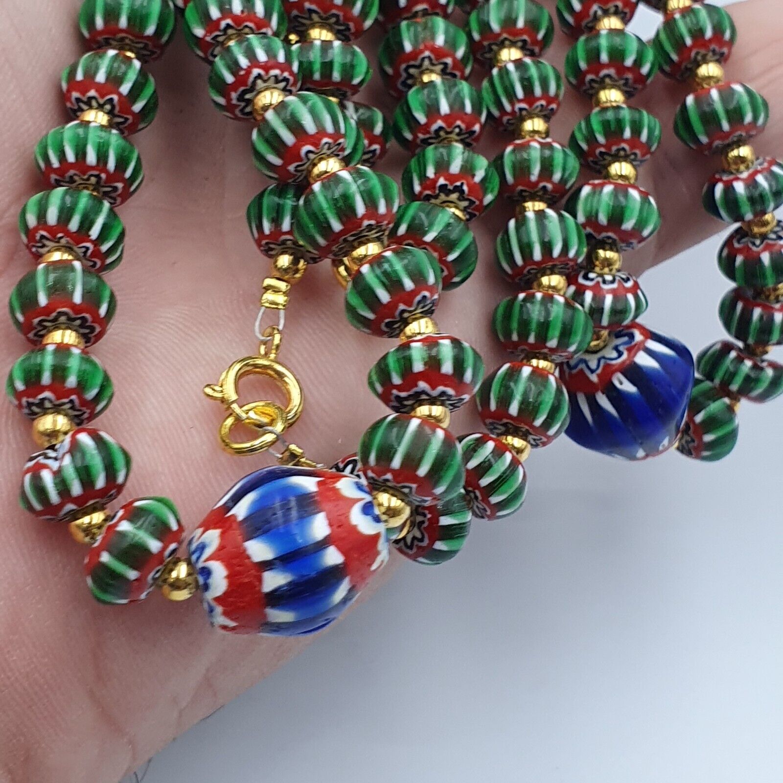 Antique Venetian inspired Green Chevron Beads Long Strand necklace 24inch