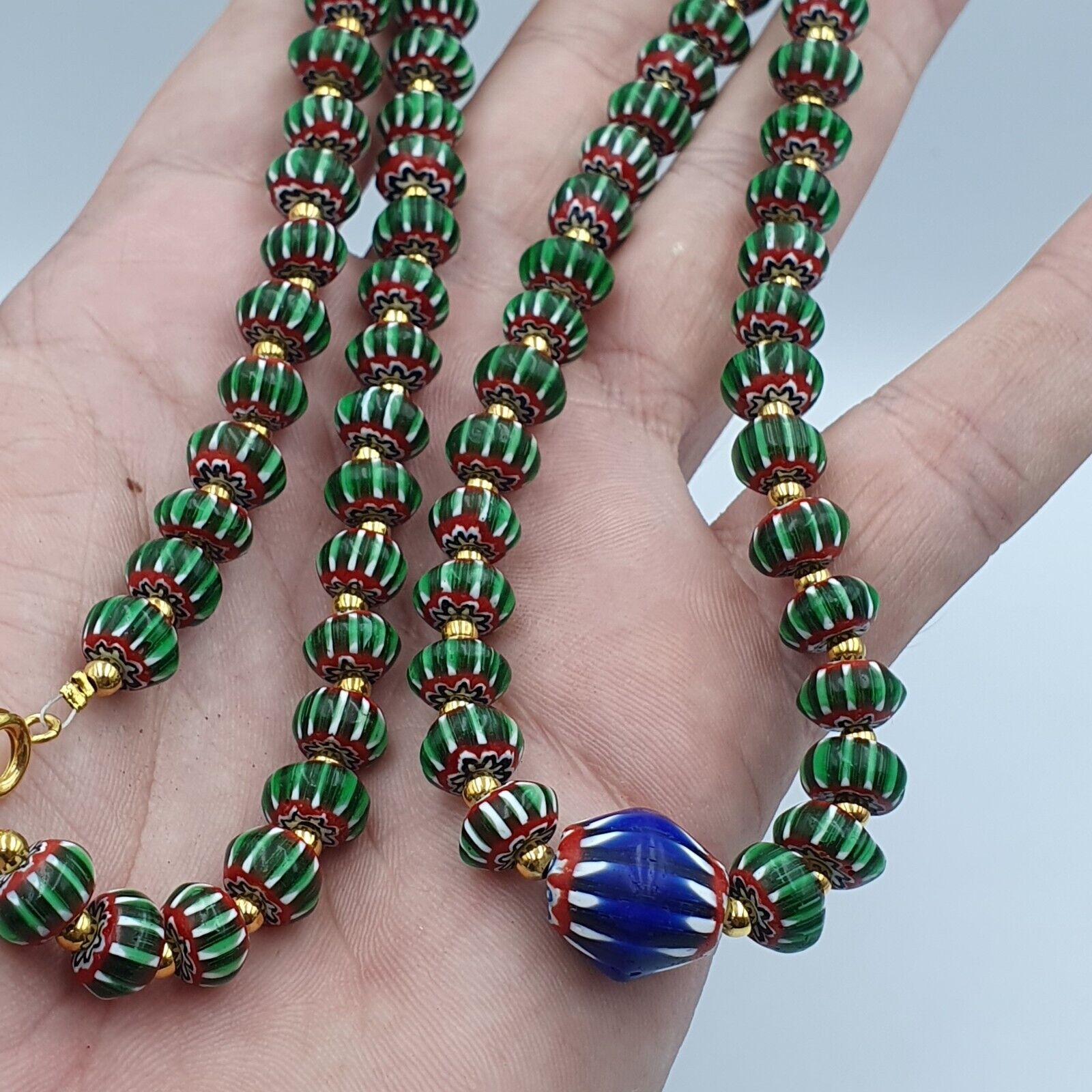 Antique Venetian inspired Green Chevron Beads Long Strand necklace 24inch