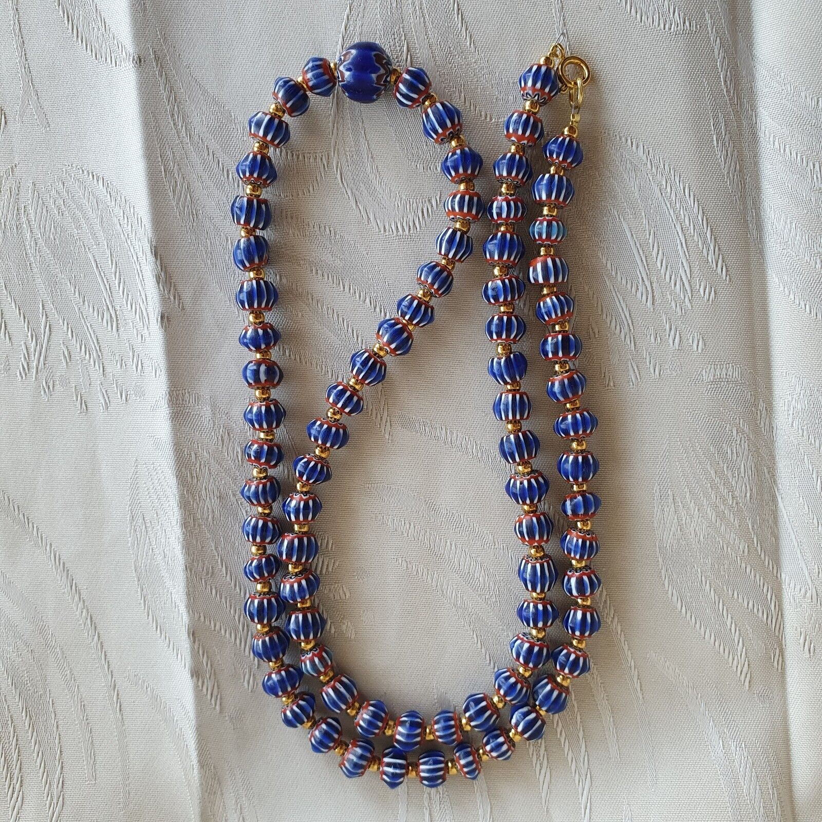 Antique Venetian inspired Blue Chevron Beads Long Strand necklace 24inch