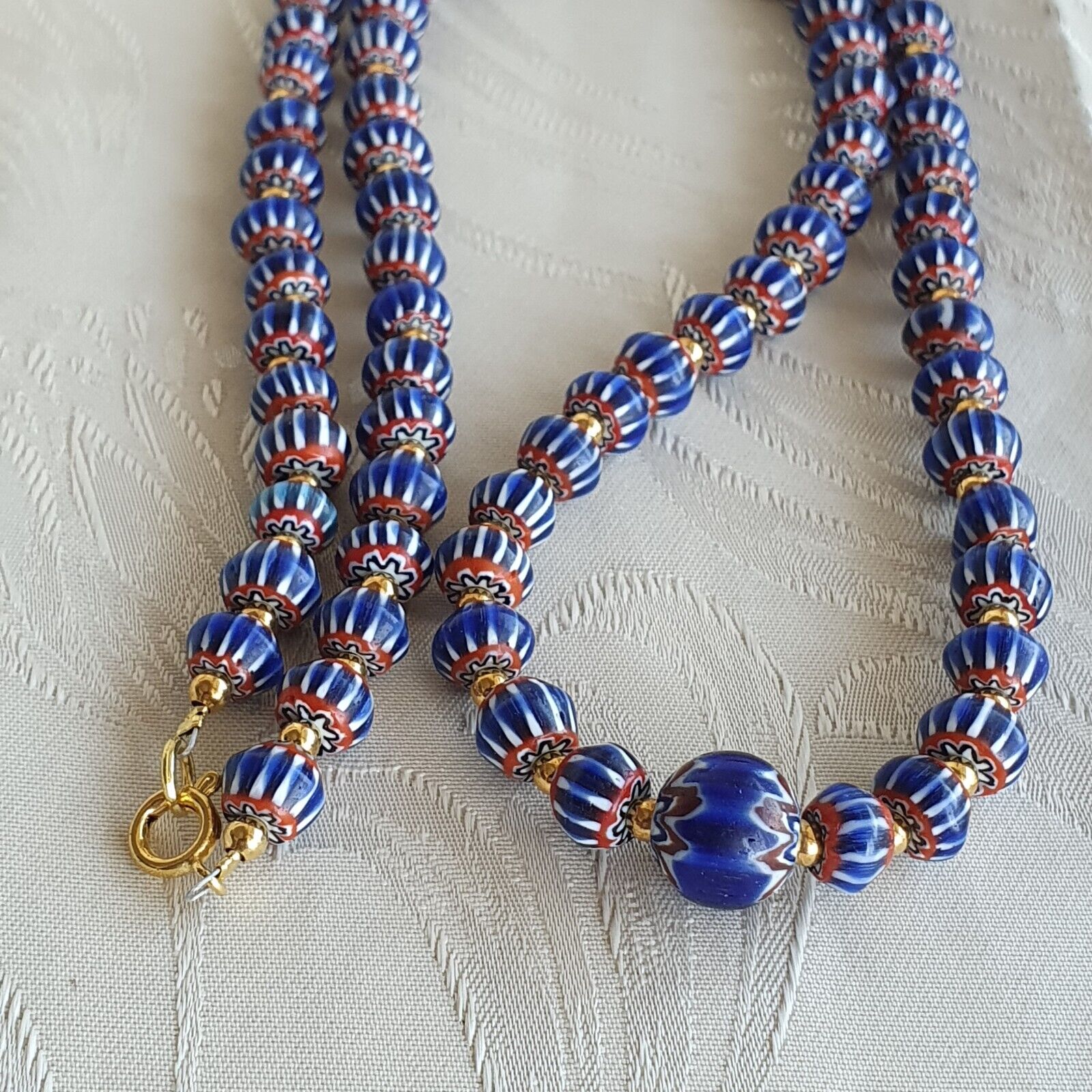 Antique Venetian inspired Blue Chevron Beads Long Strand necklace 24inch