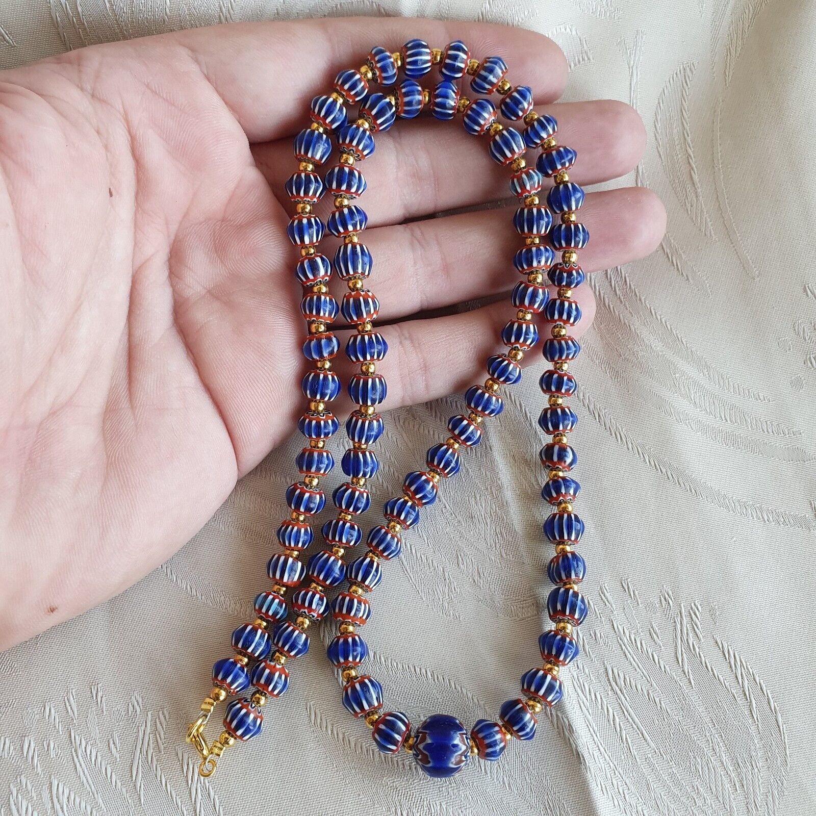 Antique Venetian inspired Blue Chevron Beads Long Strand necklace 24inch