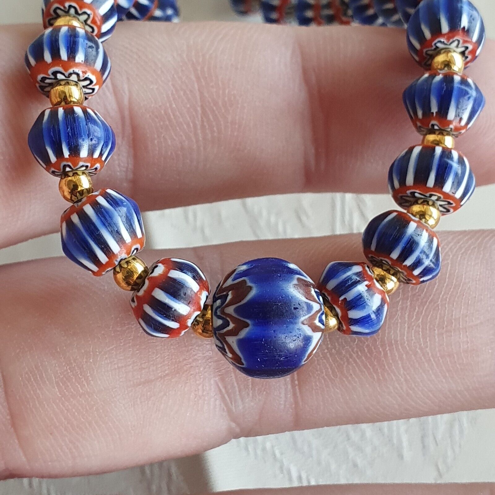 Antique Venetian inspired Blue Chevron Beads Long Strand necklace 24inch