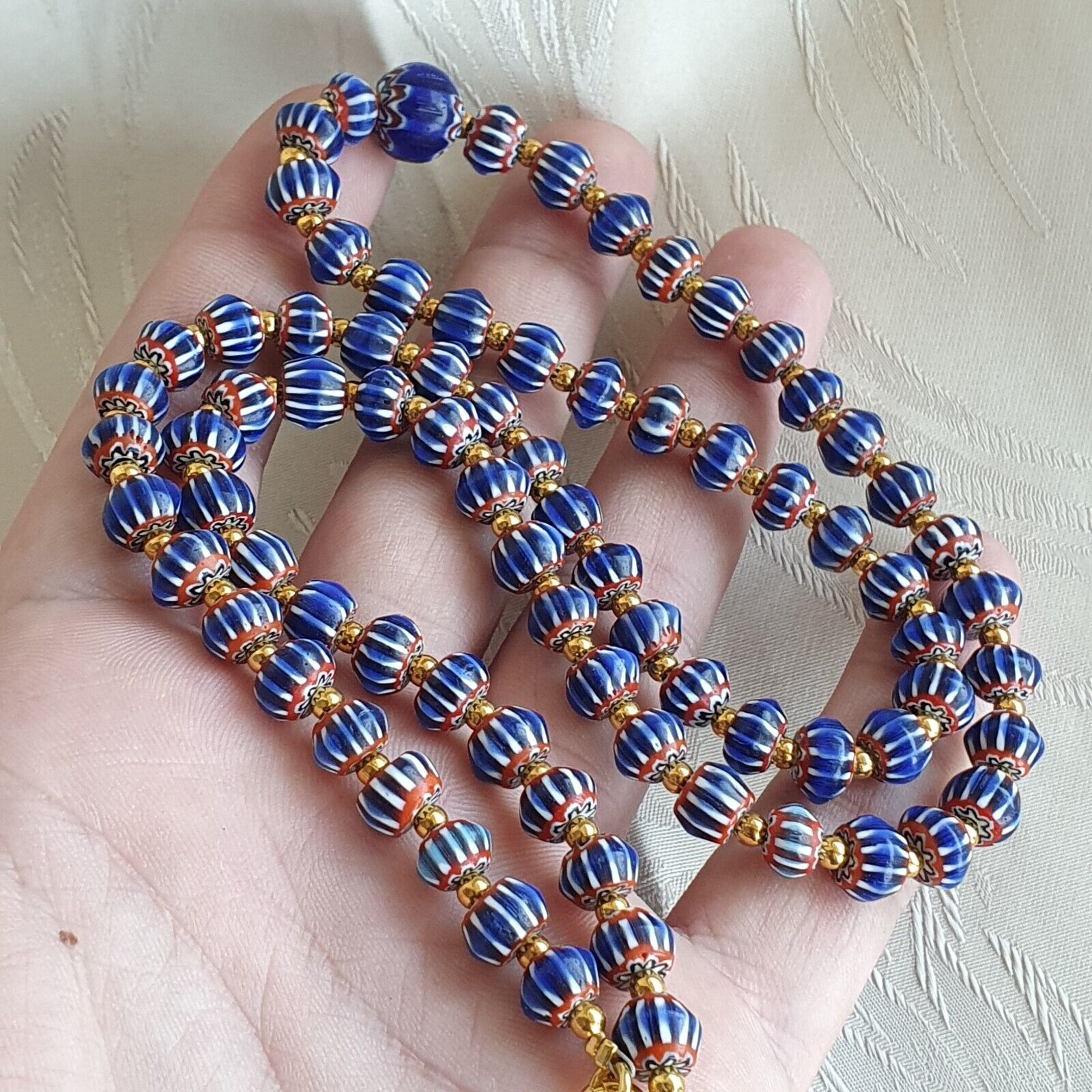 Antique Venetian inspired Blue Chevron Beads Long Strand necklace 24inch