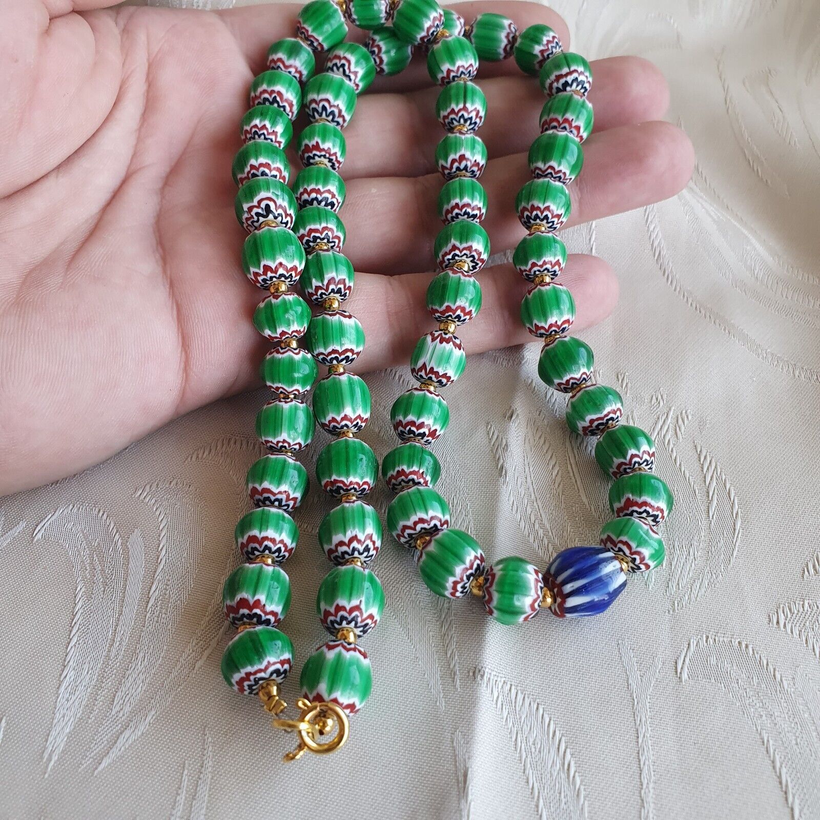 Antique Venetian inspired Green Chevron Beads Long Strand necklace 24inch
