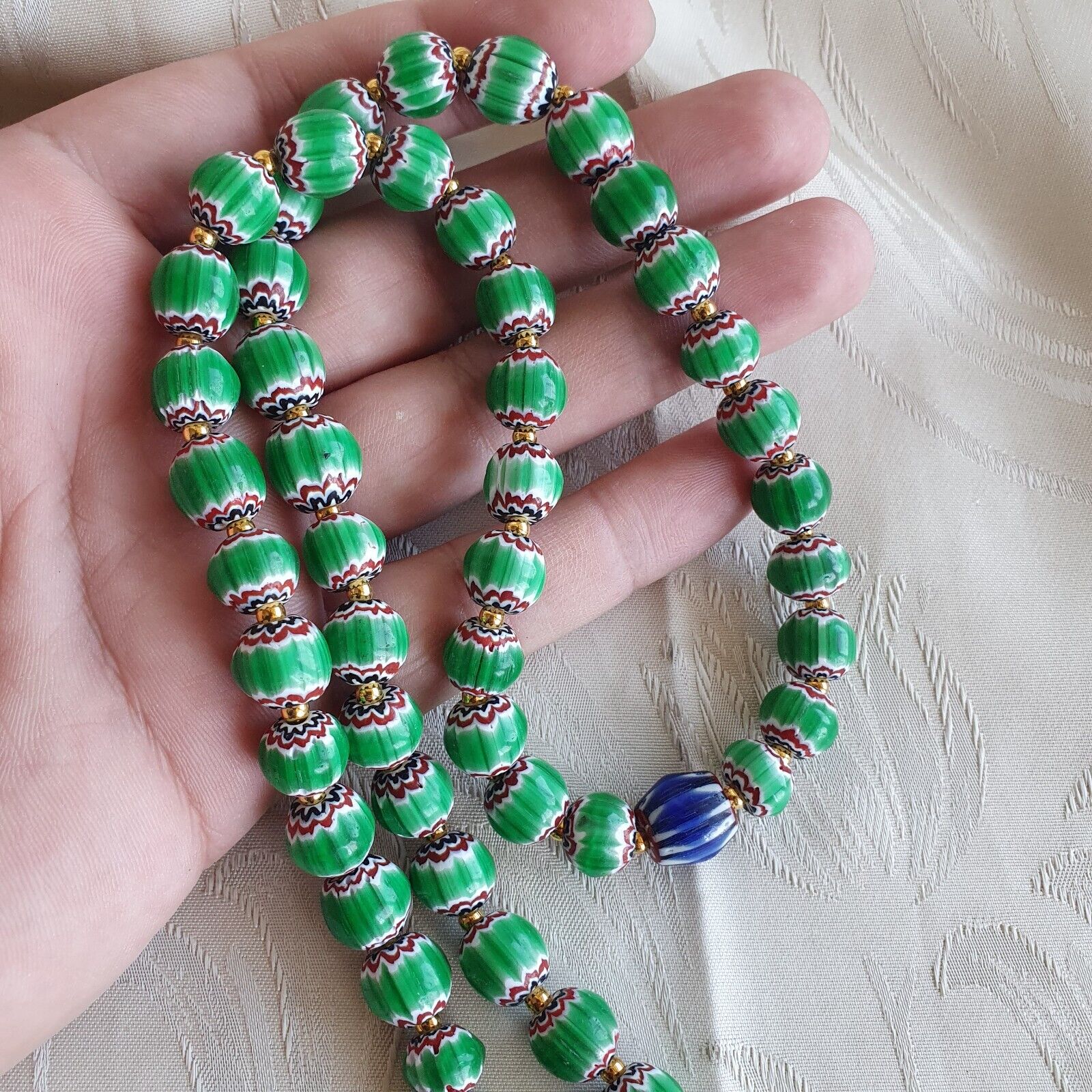 Antique Venetian inspired Green Chevron Beads Long Strand necklace 24inch