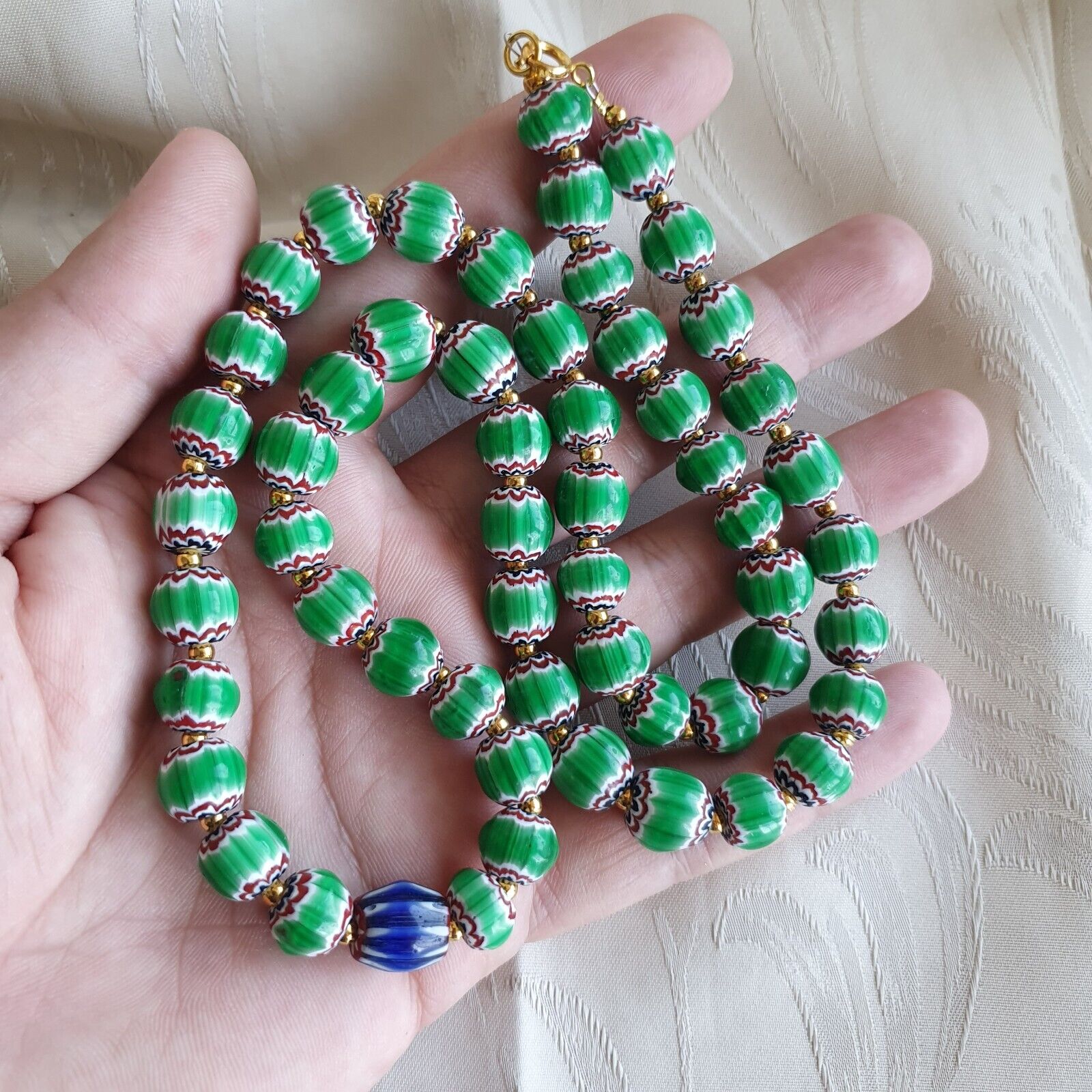 Antique Venetian inspired Green Chevron Beads Long Strand necklace 24inch