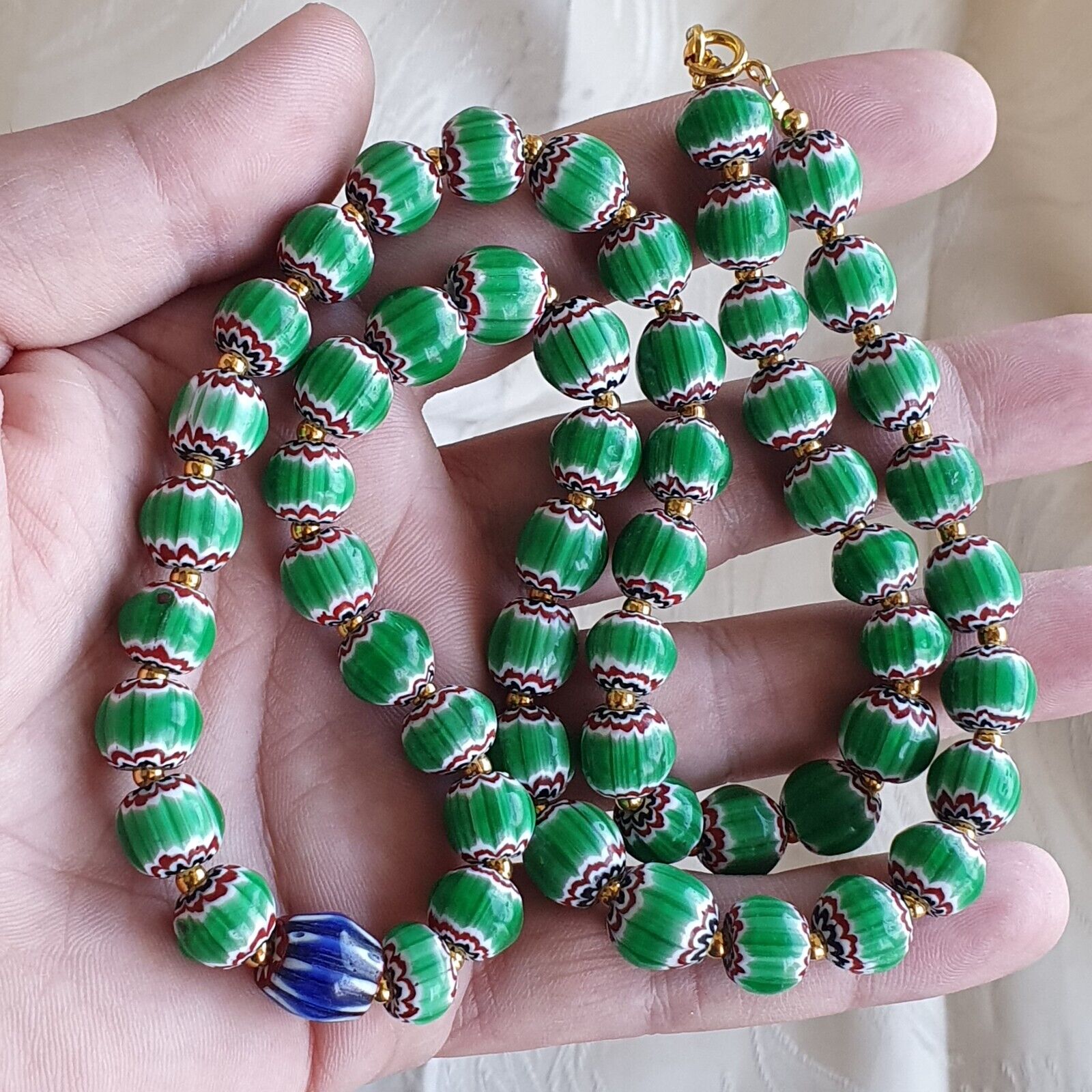 Antique Venetian inspired Green Chevron Beads Long Strand necklace 24inch